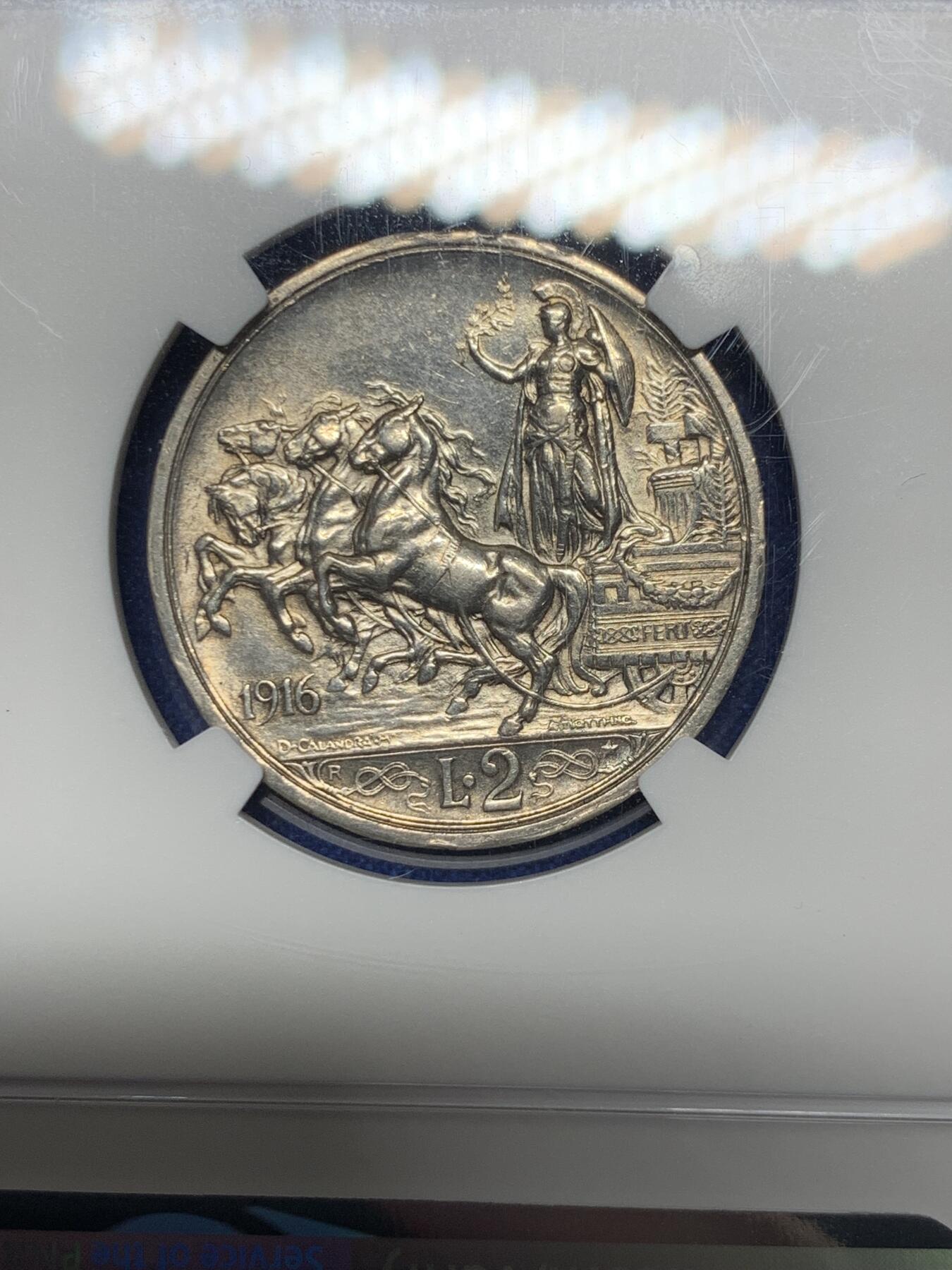 《竞宝斋》第289场- 周日，周一，周二 3场连拍 （全场包邮） NGC AU53 意大利1916年2里拉银币 马车 女神 造币艺术的经典品种