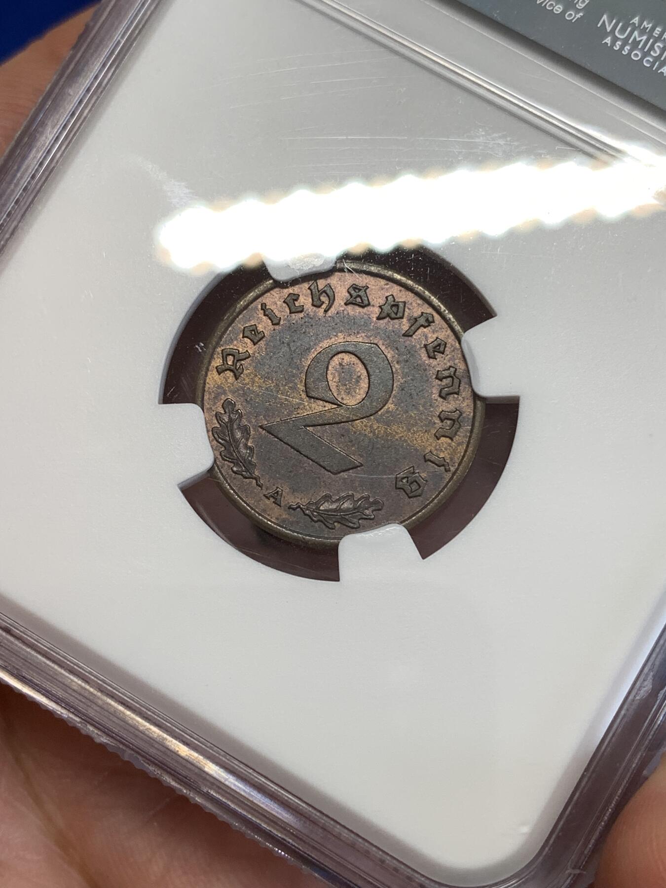 《竞宝斋》第289场- 周日，周一，周二 3场连拍 （全场包邮） NGC MS62BN 德国1939年A厂2芬尼