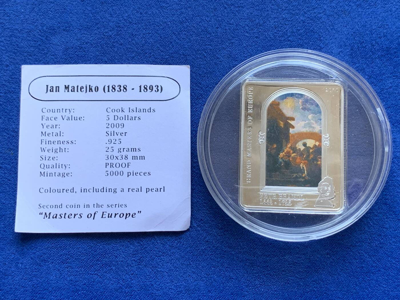 《竞宝斋》第289场- 周日，周一，周二 3场连拍 （全场包邮） 【少见】库克群岛2010年5元欧洲大师系列捷克著名画家彼得·布兰德《三博士朝圣》彩色精制纪念银币