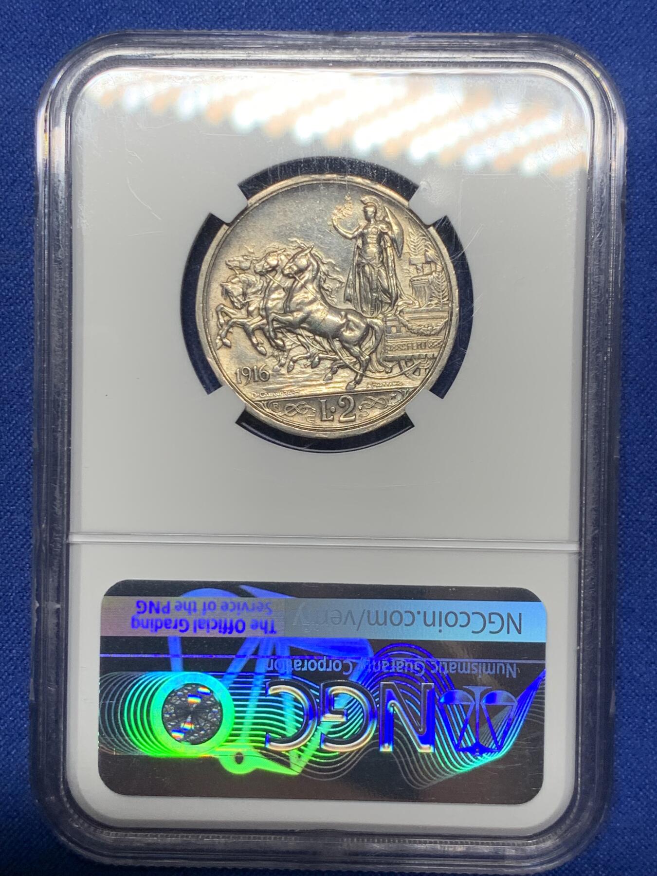 《竞宝斋》第289场- 周日，周一，周二 3场连拍 （全场包邮） NGC AU53 意大利1916年2里拉银币 马车 女神 造币艺术的经典品种