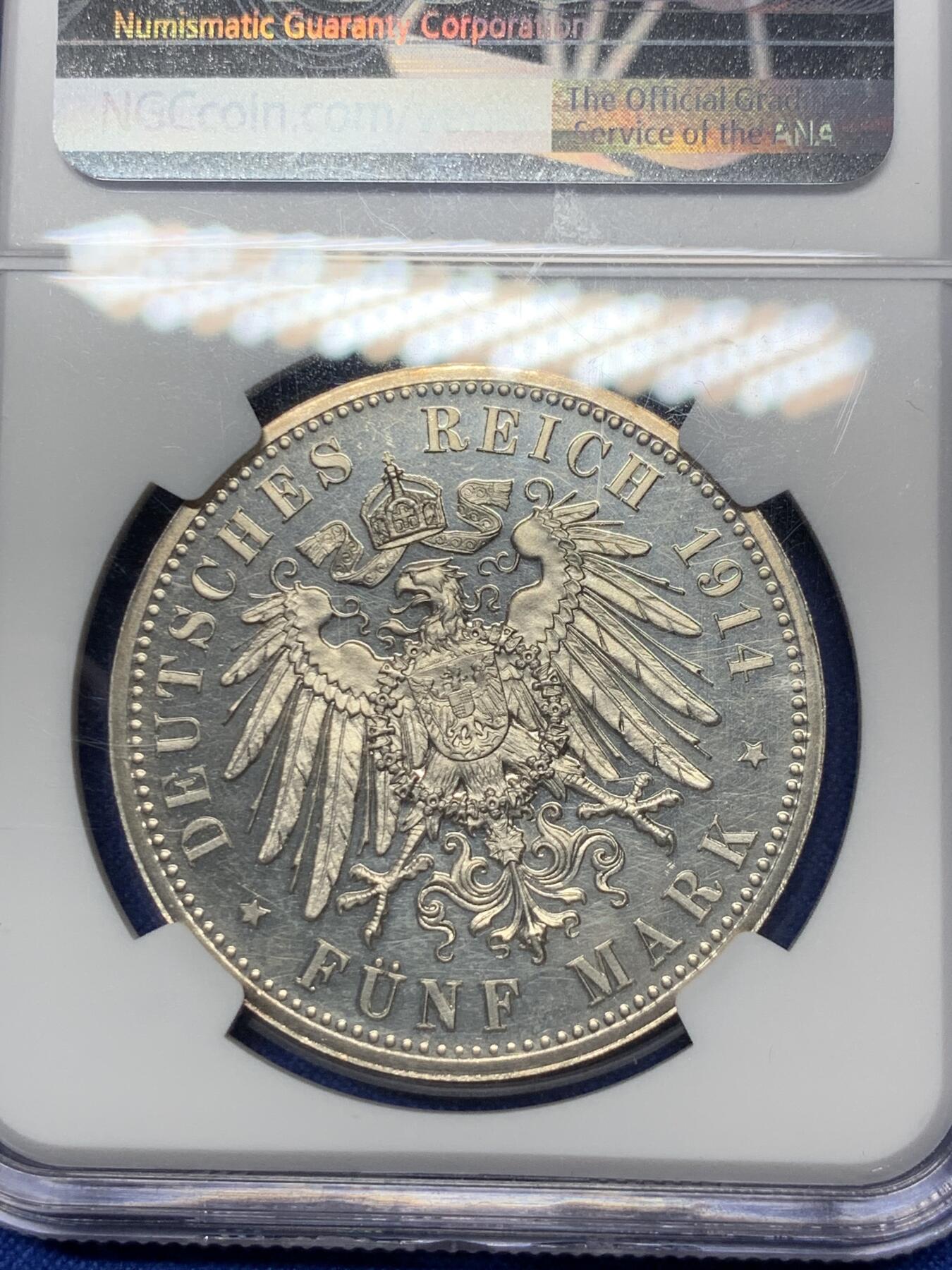 《竞宝斋》第289场- 周日，周一，周二 3场连拍 （全场包邮） PCGS PF61 CAMEO 德国1914年 安哈特德绍，结婚纪念5马克精制大银币 好状态 感觉低评了