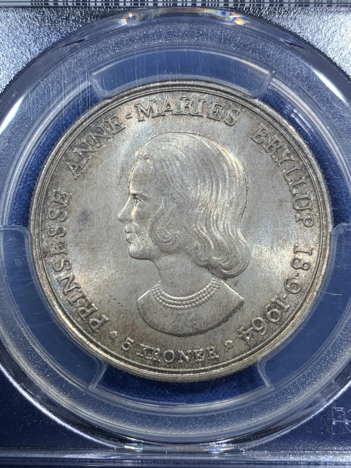 《竞宝斋》第289场- 周日，周一，周二 3场连拍 （全场包邮） PCGS MS67 丹麦 1964年 5克朗 纪念银币 高分稀少 淡黄油彩 底板细腻