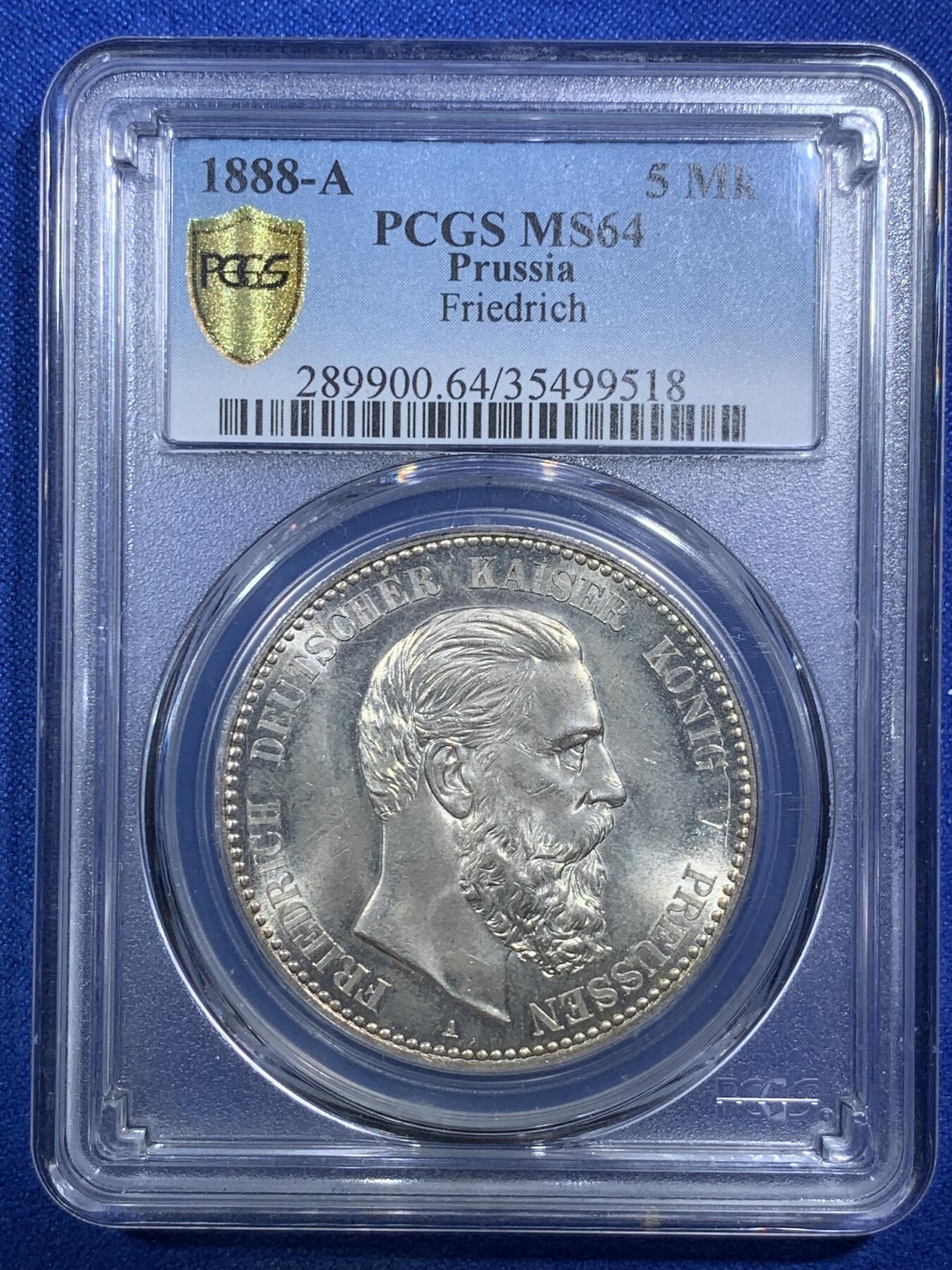 《竞宝斋》第289场- 周日，周一，周二 3场连拍 （全场包邮） PCGS MS64 普鲁士1888年腓特烈三世5马克 完美地板强转光 吉祥年份 大热品种