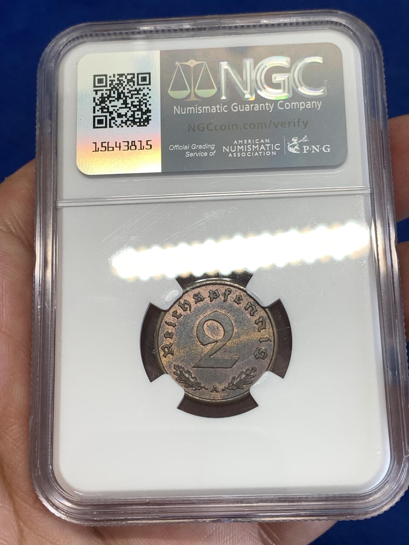 《竞宝斋》第289场- 周日，周一，周二 3场连拍 （全场包邮） NGC MS62BN 德国1939年A厂2芬尼