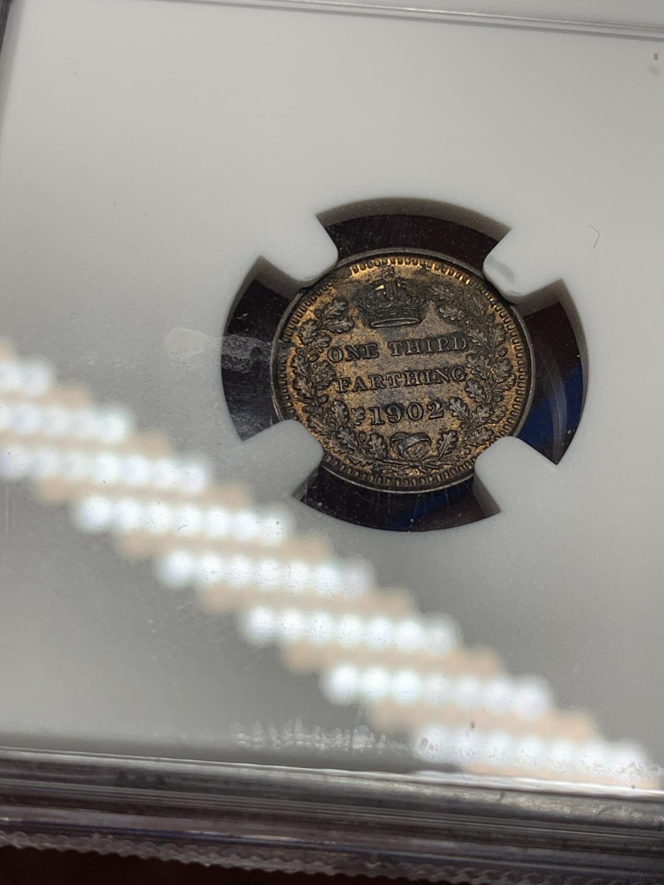 《竞宝斋》第289场- 周日，周一，周二 3场连拍 （全场包邮） NGC MS62BN 英国1902年爱德华七世1/3法新 内圈巧克力包浆配合外圈铜色