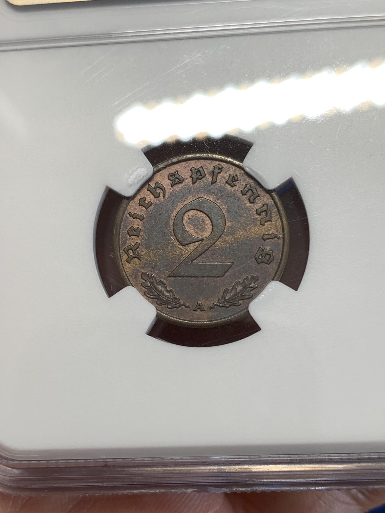 《竞宝斋》第289场- 周日，周一，周二 3场连拍 （全场包邮） NGC MS62BN 德国1939年A厂2芬尼