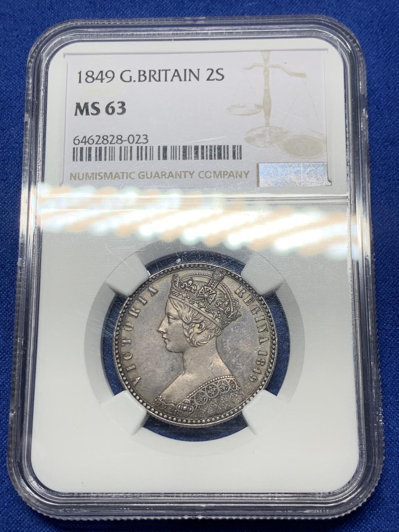 《竞宝斋》第289场- 周日，周一，周二 3场连拍 （全场包邮） NGC MS63 英国1849年无神弗罗林 深打铁灰色包浆 高分好状态