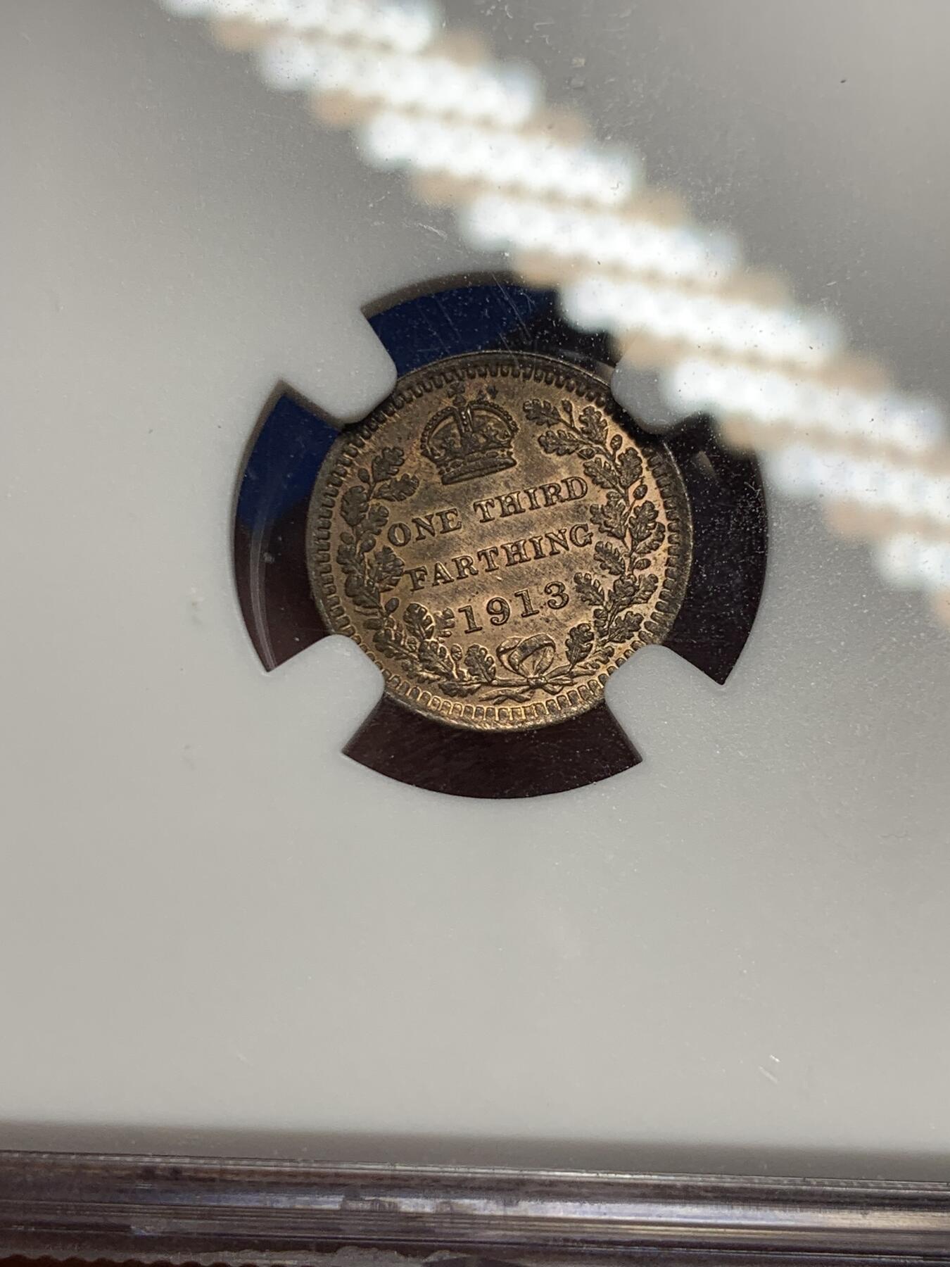 《竞宝斋》第289场- 周日，周一，周二 3场连拍 （全场包邮） NGC MS63RB 英国1913年乔治五世1/3法新 底板光度很好 未被包浆遮盖