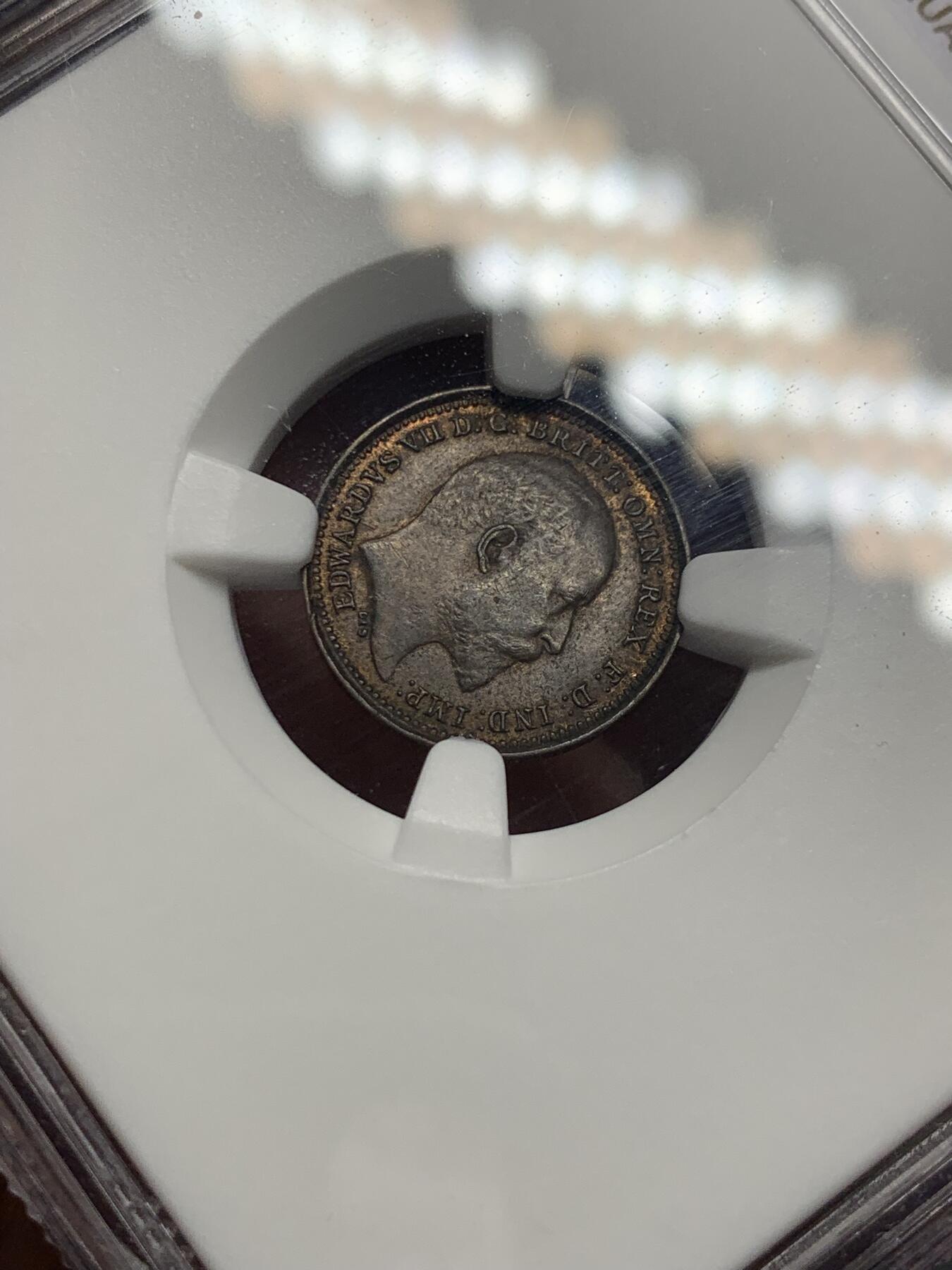 《竞宝斋》第289场- 周日，周一，周二 3场连拍 （全场包邮） NGC MS62BN 英国1902年爱德华七世1/3法新 内圈巧克力包浆配合外圈铜色