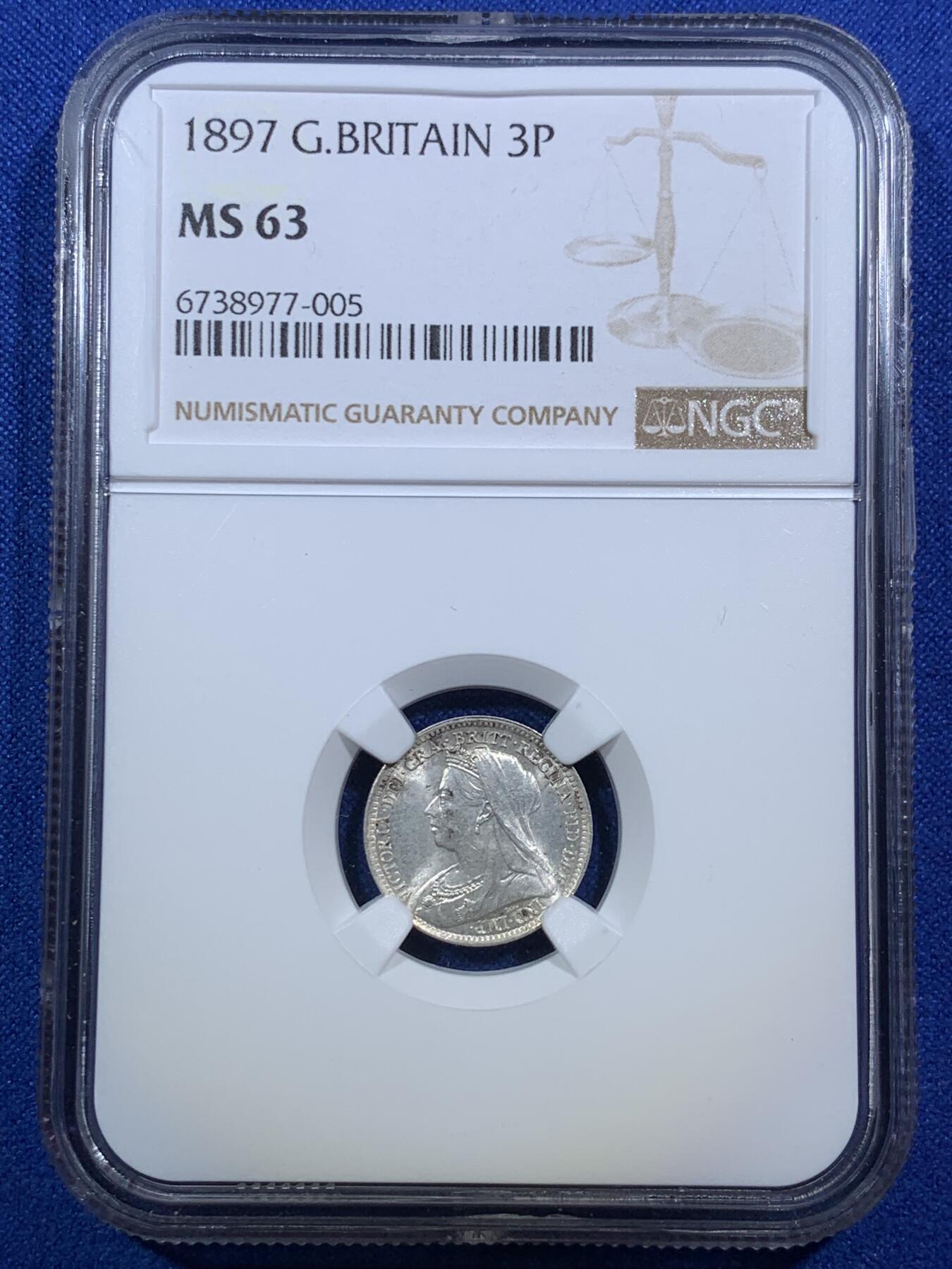 《竞宝斋》第289场- 周日，周一，周二 3场连拍 （全场包邮） NGC MS63 英国1897年维多利亚3便士 带有凝霜感的转光 氧化黑点导致上海N仅给出63分