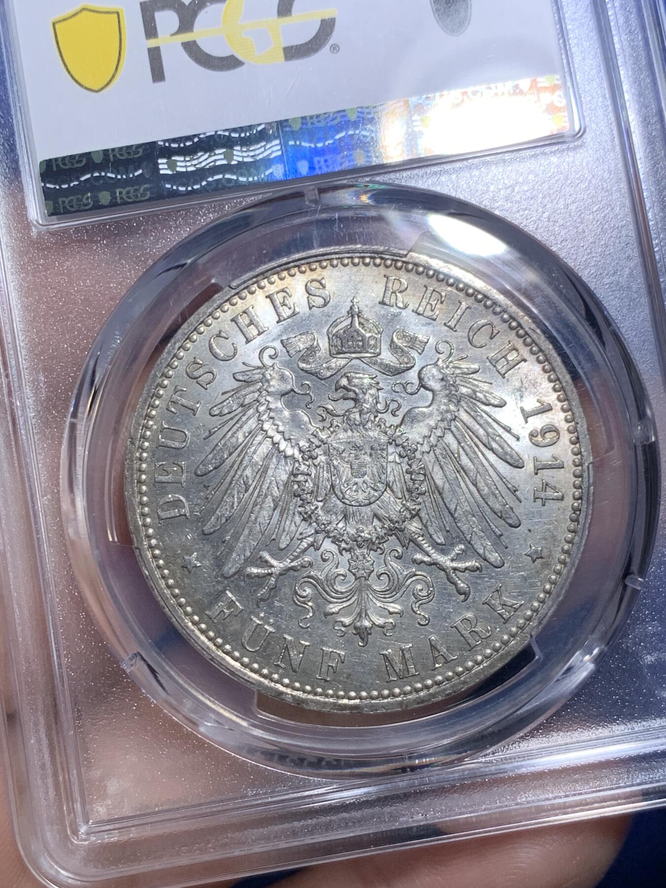 《竞宝斋》第289场- 周日，周一，周二 3场连拍 （全场包邮） PCGS MS61 德国1914A威廉二世戎装5马克银币 光泽很好