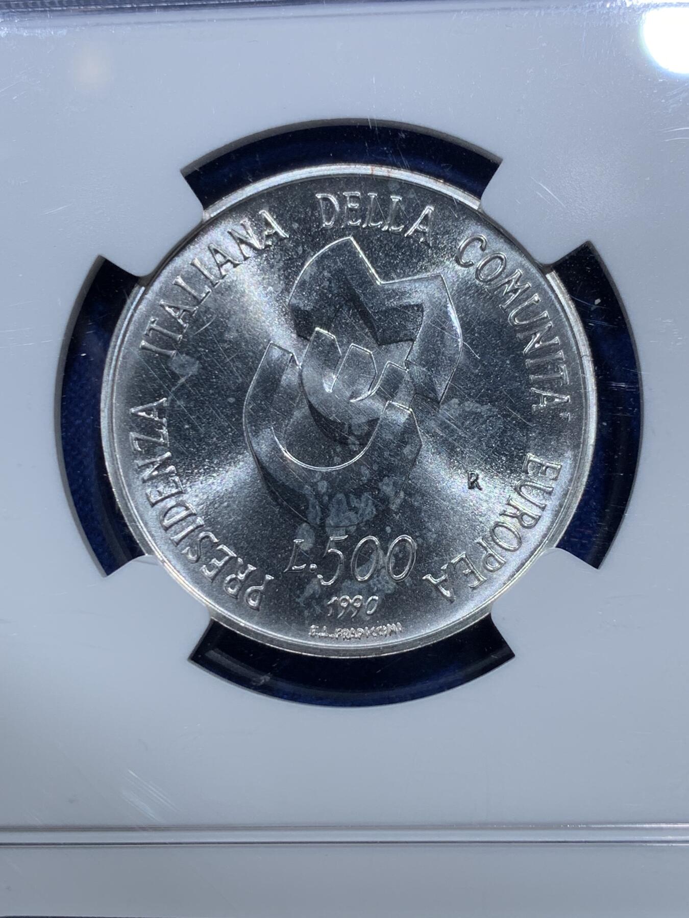 《竞宝斋》第289场- 周日，周一，周二 3场连拍 （全场包邮） NGC MS64 意大利1990年欧洲轮值主席国500里拉磨砂版纪念银币带盒 最高评级分