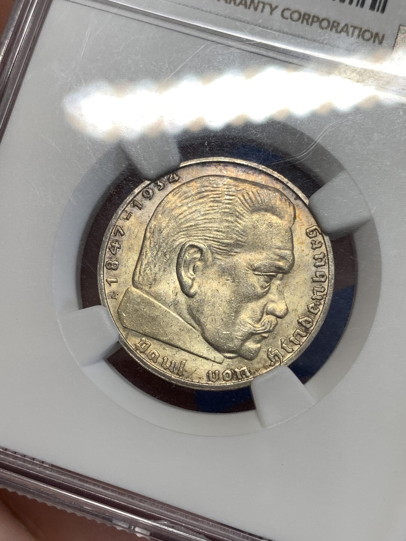 《竞宝斋》第289场- 周日，周一，周二 3场连拍 （全场包邮） NGC MS62 德三1938年E厂2马克银币 少见厂别