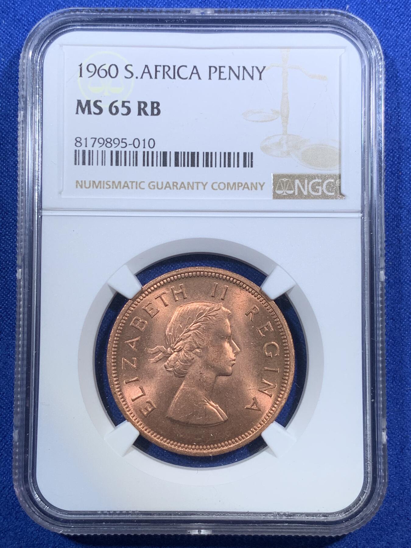 《竞宝斋》第289场- 周日，周一，周二 3场连拍 （全场包邮） NGC MS65RB 英属南非1960年女王1便士 高分车轮光状态 状态难得 喜欢的不要错过了