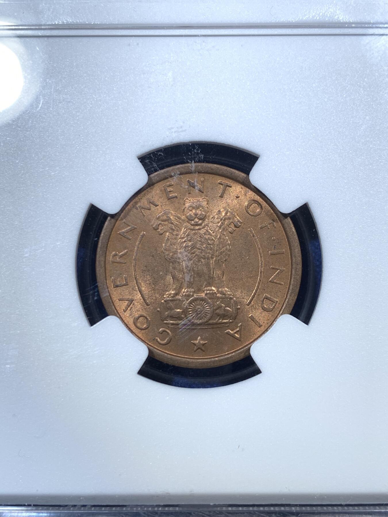 《竞宝斋》第289场- 周日，周一，周二 3场连拍 （全场包邮） NGC MS63RB 印度1953年小马1派沙铜币