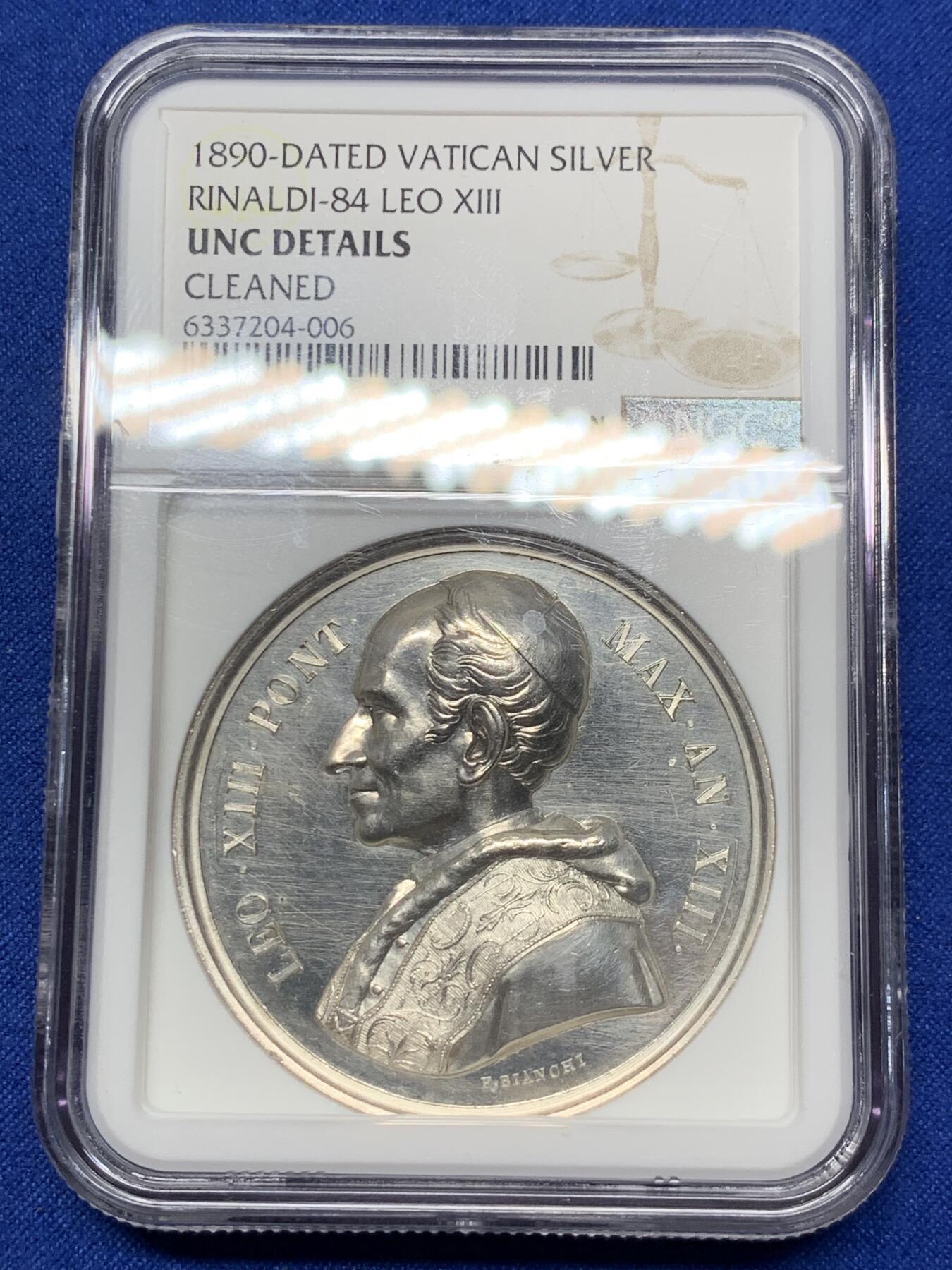 《竞宝斋》第289场- 周日，周一，周二 3场连拍 （全场包邮） NGC UNC 教皇国 1890 利奥十三世  权利限制 银质纪念章 大规格 加厚盒装 PL底板 可收藏