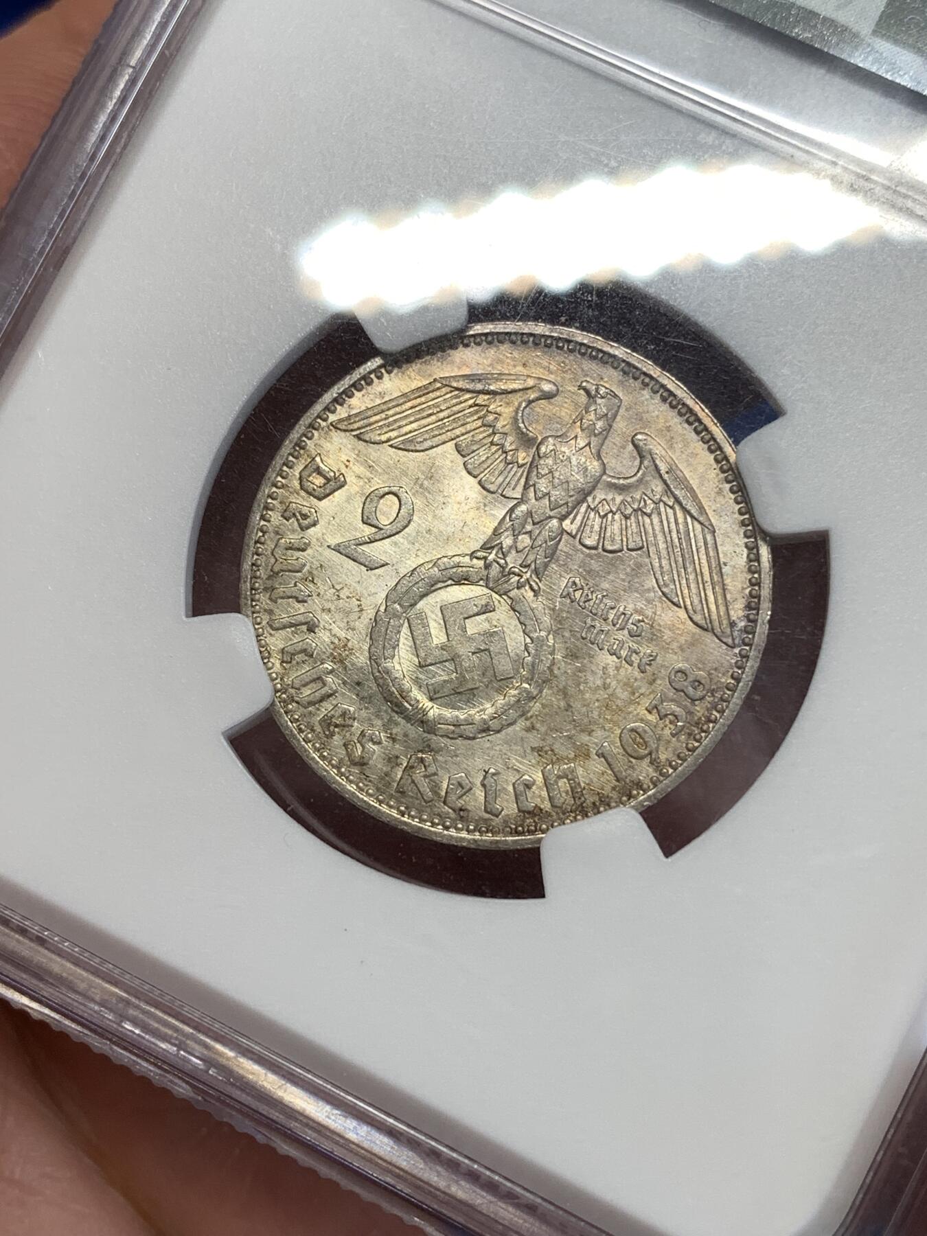 《竞宝斋》第289场- 周日，周一，周二 3场连拍 （全场包邮） NGC MS62 德三1938年E厂2马克银币 少见厂别