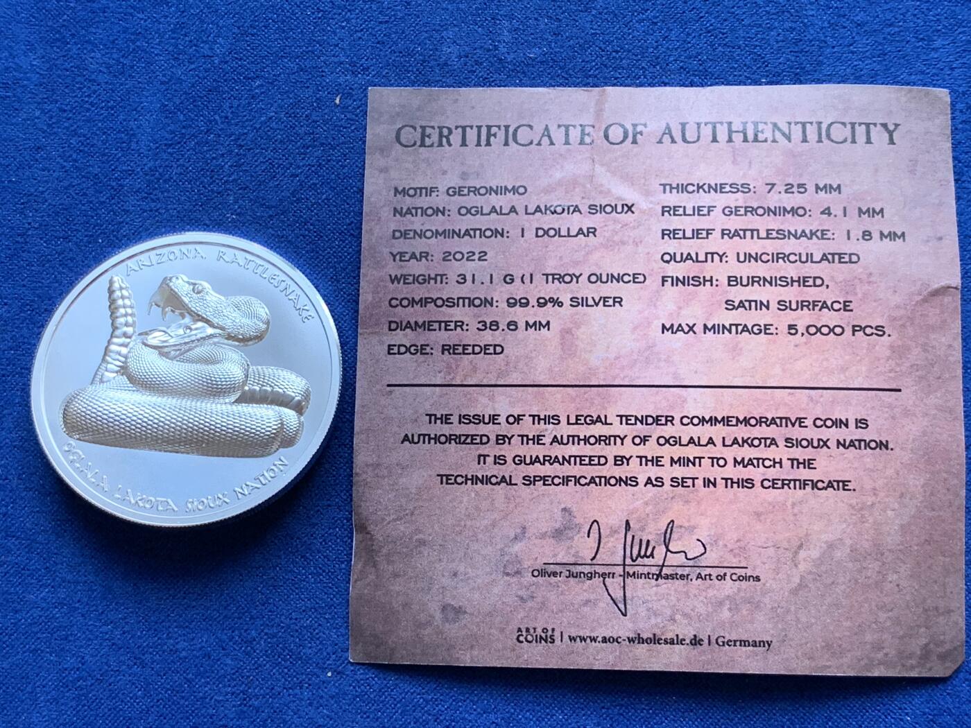 《竞宝斋》第289场- 周日，周一，周二 3场连拍 （全场包邮） 美国2022年发行的印第安酋长系列2“杰罗尼莫”1美元纪念银币 1盎司 超高浮雕工艺 限量2500枚 无塑料盒