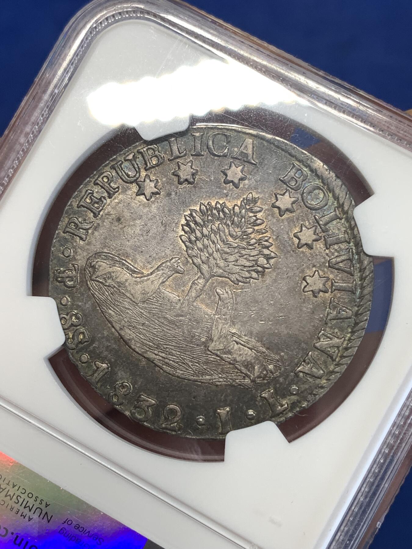 《竞宝斋》第289场- 周日，周一，周二 3场连拍 （全场包邮） NGC XF45 玻利维亚早期1832年8索尔银币