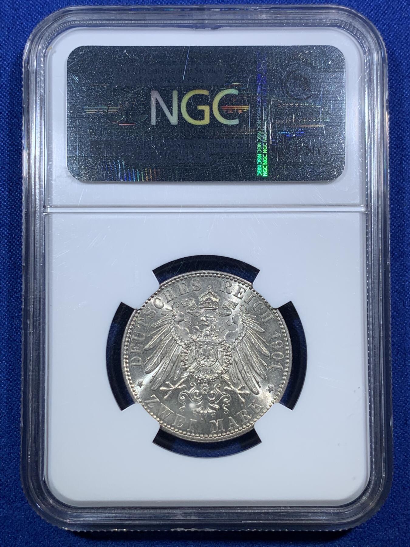 《竞宝斋》第289场- 周日，周一，周二 3场连拍 （全场包邮） NGC MS63 德国1901普鲁士建国200周年2马克银币