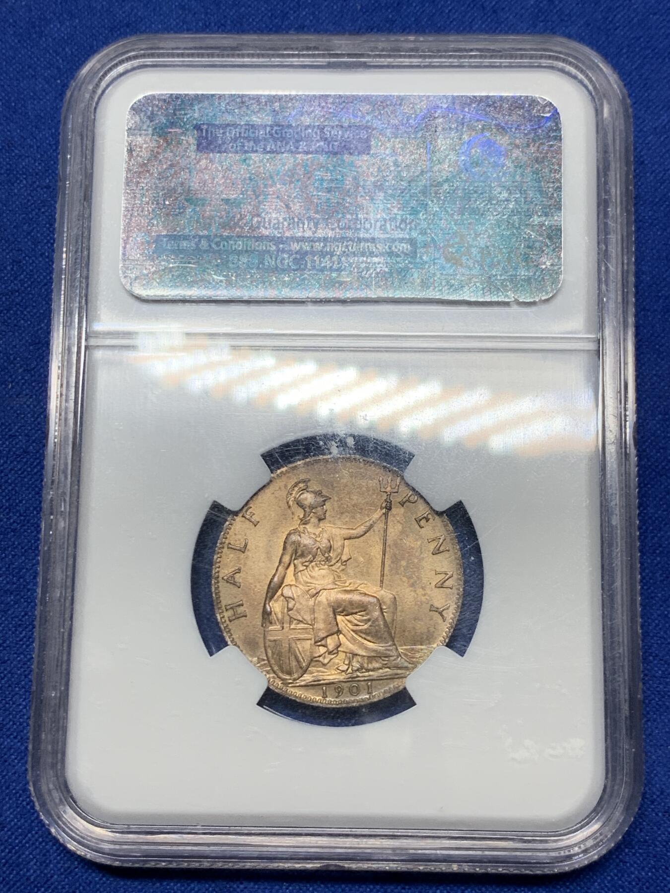 《竞宝斋》第289场- 周日，周一，周二 3场连拍 （全场包邮） NGC MS64RB 英国1901年 维多利亚半便士 老盒严评 底板丝滑转光强烈 市面上半便士比便士难遇到