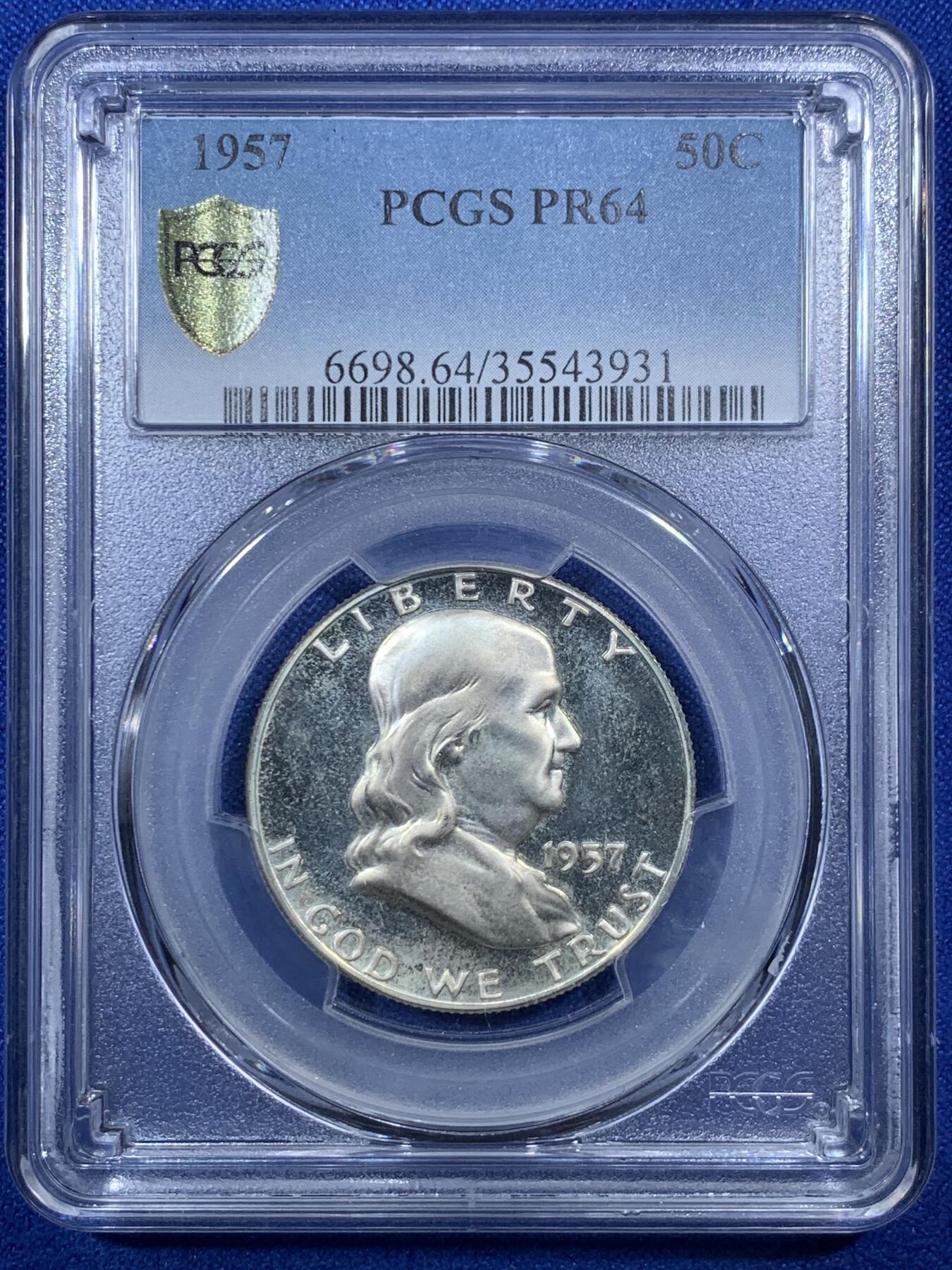 《竞宝斋》第289场- 周日，周一，周二 3场连拍 （全场包邮） PCGS PR64 美国1957年富兰克林50美分精制银币