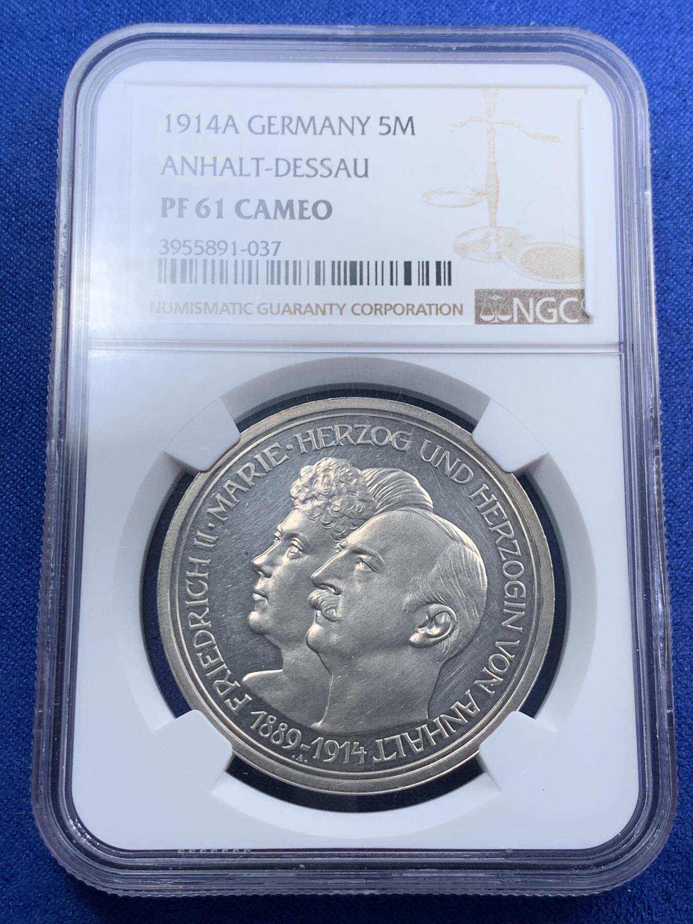 《竞宝斋》第289场- 周日，周一，周二 3场连拍 （全场包邮） PCGS PF61 CAMEO 德国1914年 安哈特德绍，结婚纪念5马克精制大银币 好状态 感觉低评了