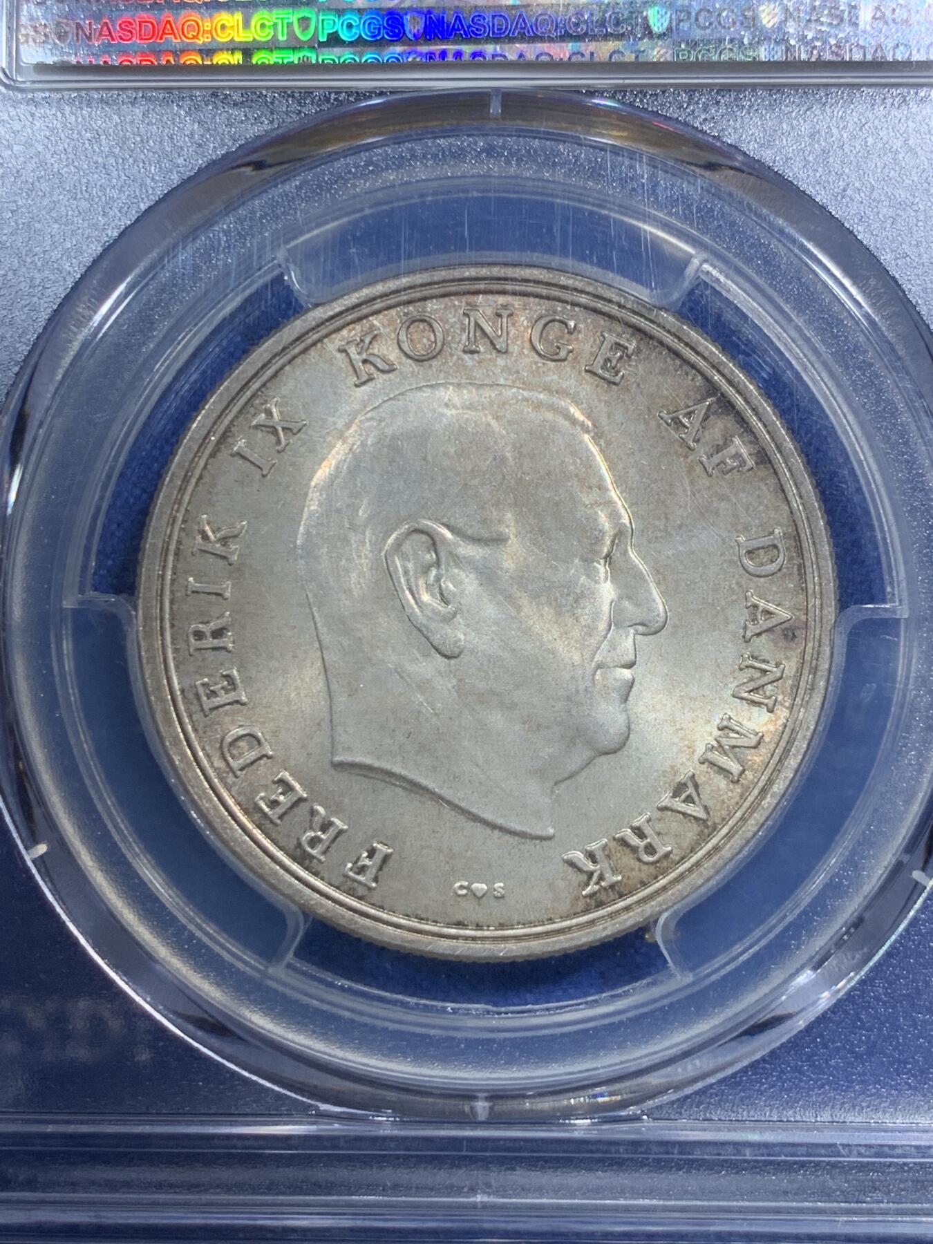 《竞宝斋》第289场- 周日，周一，周二 3场连拍 （全场包邮） PCGS MS67 丹麦 1964年 5克朗 纪念银币 高分稀少 淡黄油彩 底板细腻