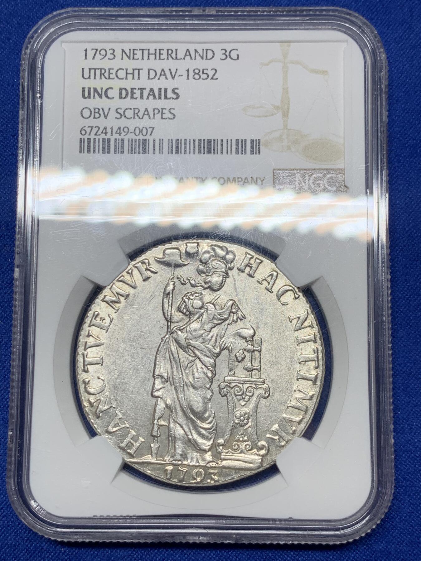《竞宝斋》第289场- 周日，周一，周二 3场连拍 （全场包邮） NGC UNCD 荷兰1793年乌得勒支站人三盾大银 人像打制精良 开脸清晰甜美  转光犀利 银光闪闪 少量摩擦痕迹 应属MS品级