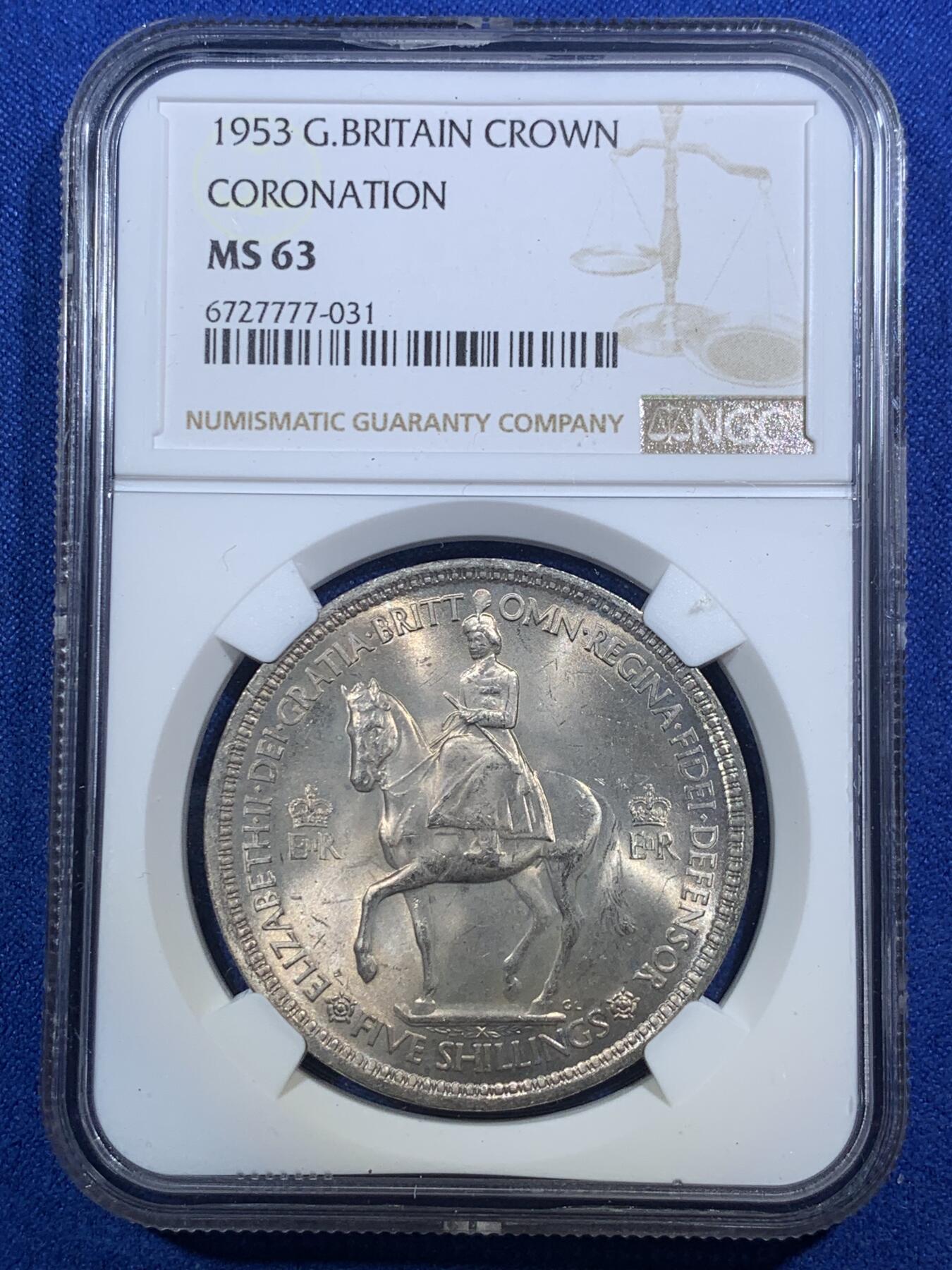 《竞宝斋》第289场- 周日，周一，周二 3场连拍 （全场包邮） NGC MS63 英国1953年伊丽莎白二世登基纪念克朗 背面有类镜面感 这个品种少见