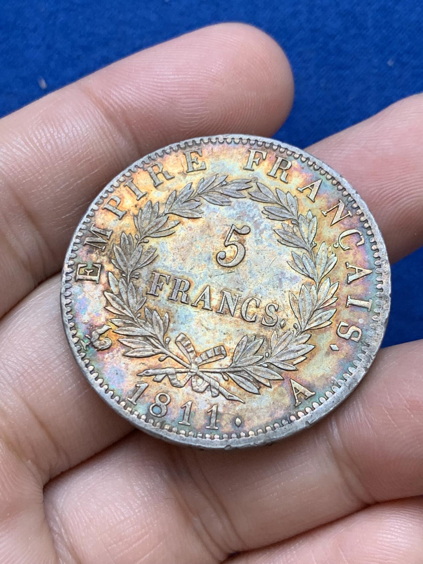 《竞宝斋》第289场- 周日，周一，周二 3场连拍 （全场包邮） 法国1811年拿破仑5法郎银币 五彩好品