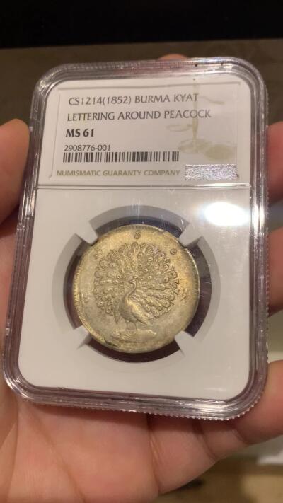 《竞宝斋》第289场- 周日，周一，周二 3场连拍 （全场包邮） NGC MS61 缅甸1852年蒲甘王朝孔雀银币 眼喙锐利 胸毛尾羽丰满 五彩包浆 顶级品相 一步到位不可多得的东南亚名品