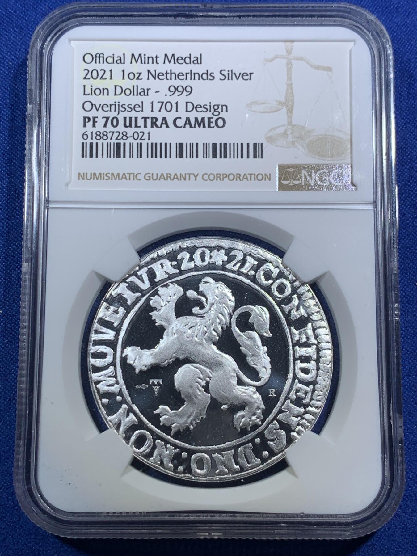 《竞宝斋》第289场- 周日，周一，周二 3场连拍 （全场包邮） NGC PF70UC 2021年荷兰仿1701年狮元精制银章 1oz 99.9%