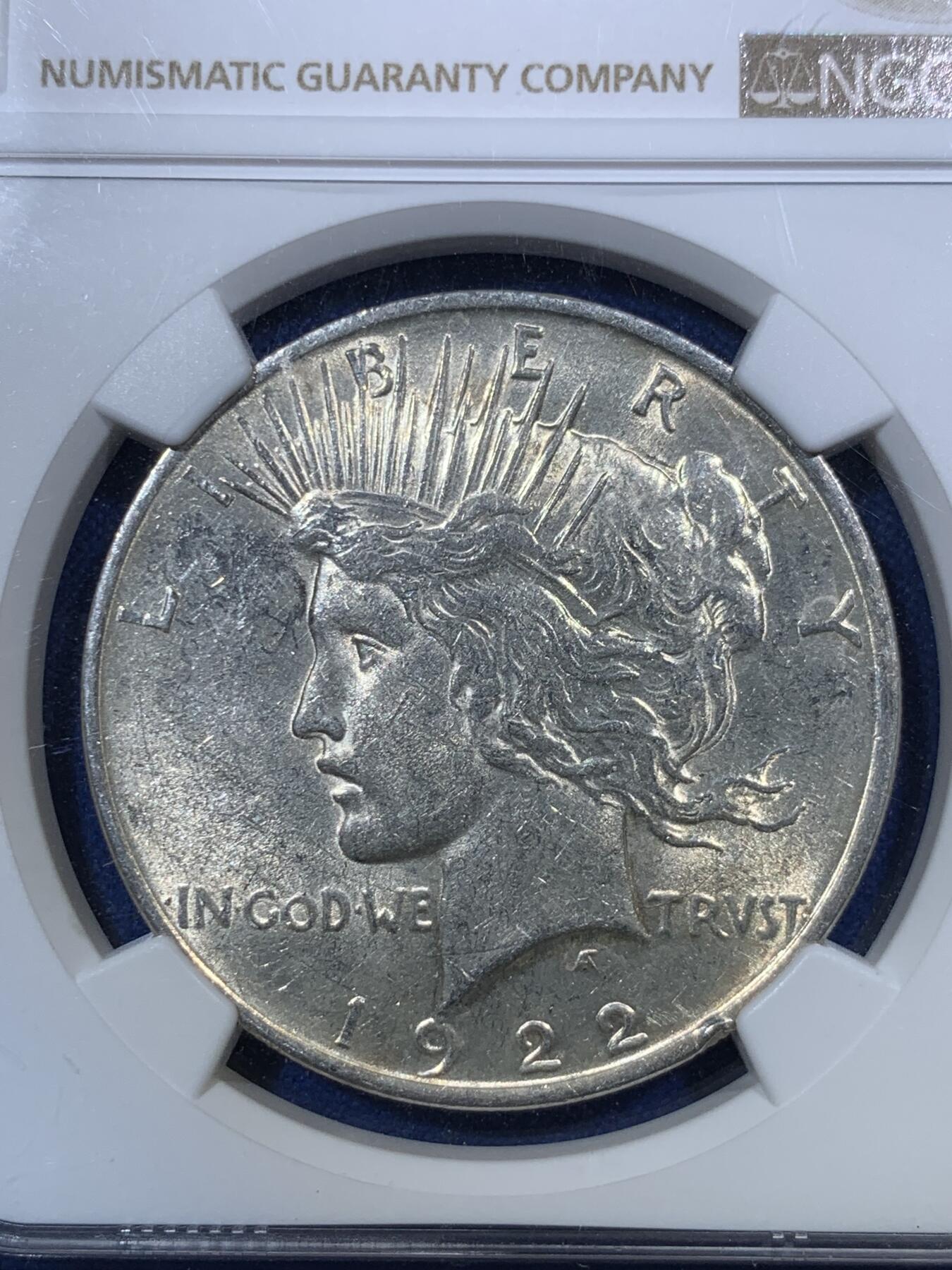 《竞宝斋》第289场- 周日，周一，周二 3场连拍 （全场包邮） NGC AU55 美国1922年和平银元 经典可藏