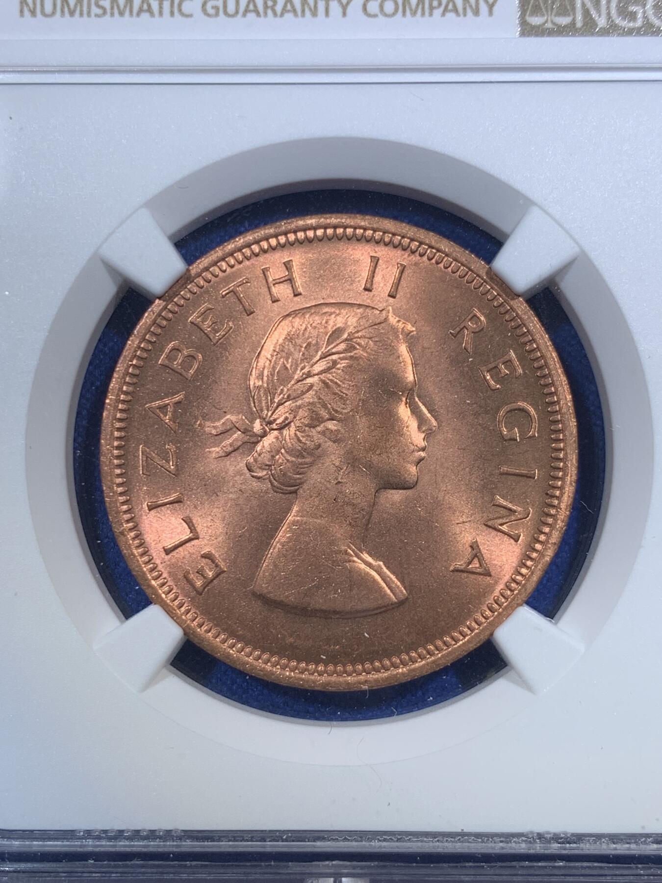 《竞宝斋》第289场- 周日，周一，周二 3场连拍 （全场包邮） NGC MS65RB 英属南非1960年女王1便士 高分车轮光状态 状态难得 喜欢的不要错过了