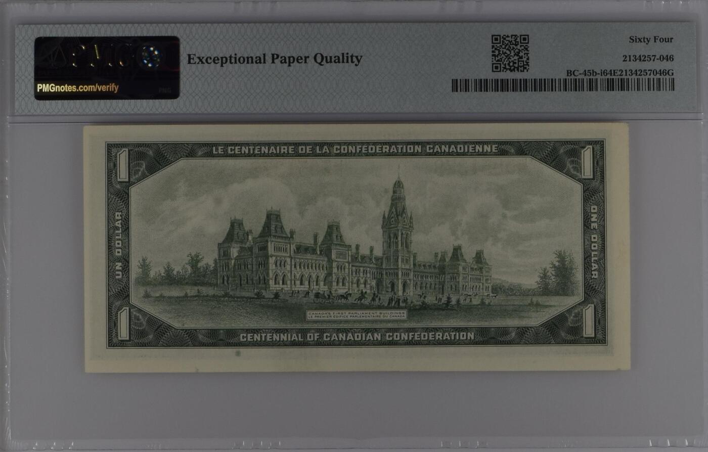 收藏联盟Quantum Auction 第363期拍卖  加拿大1967年1元纪念钞 PMG64E 号码无4 稀少带冠号版