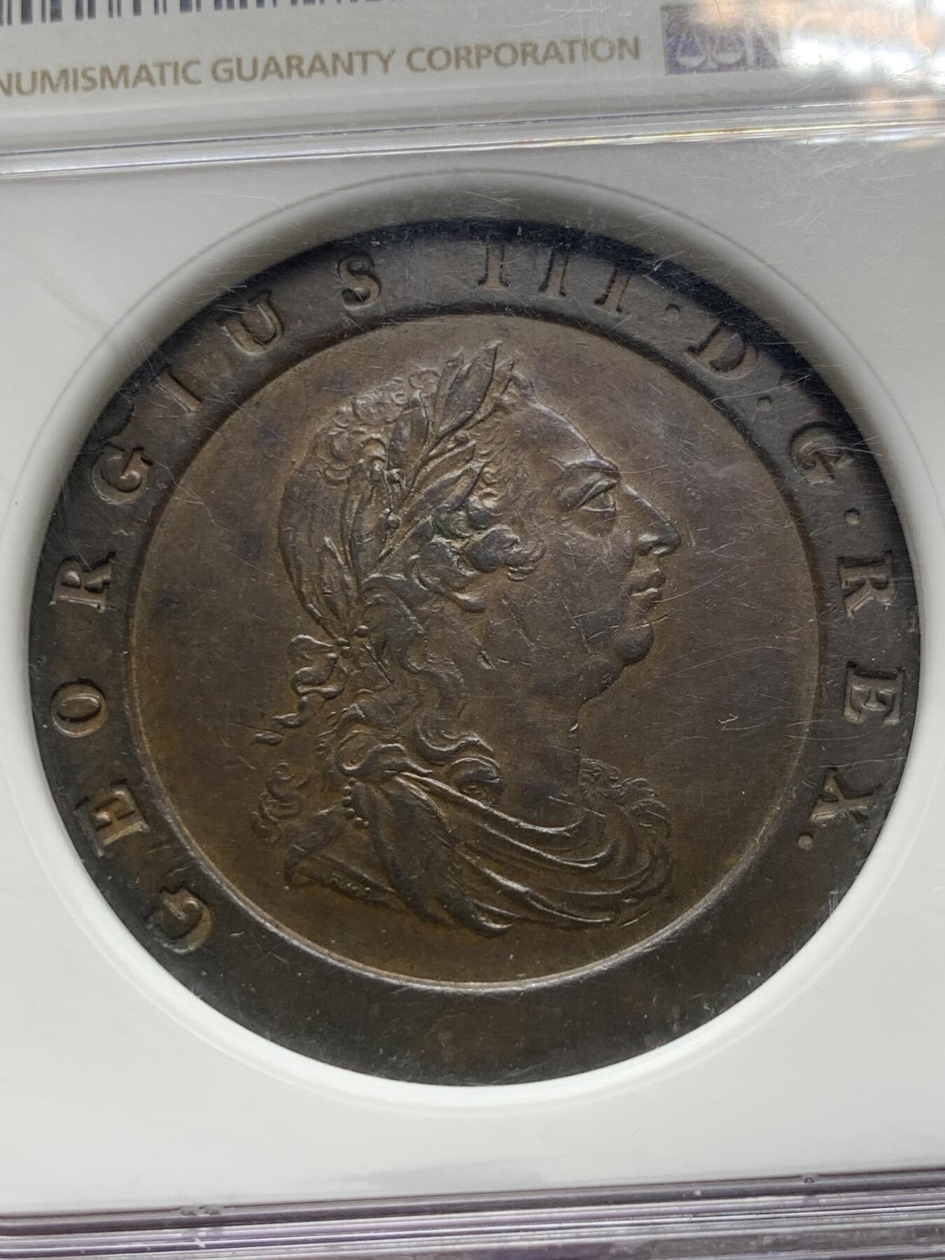 《竞宝斋》第289场- 周日，周一，周二 3场连拍 （全场包邮） NGC AU55BN 英国1797车轮2便士大铜币巧克力包浆难得 著名SOHO厂出品 英国第一枚蒸汽动力机制币