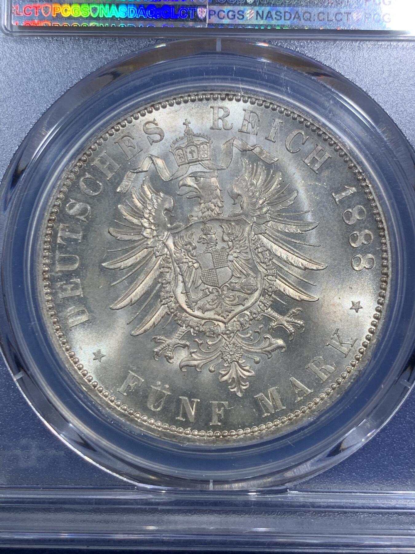 《竞宝斋》第289场- 周日，周一，周二 3场连拍 （全场包邮） PCGS MS64 普鲁士1888年腓特烈三世5马克 完美地板强转光 吉祥年份 大热品种