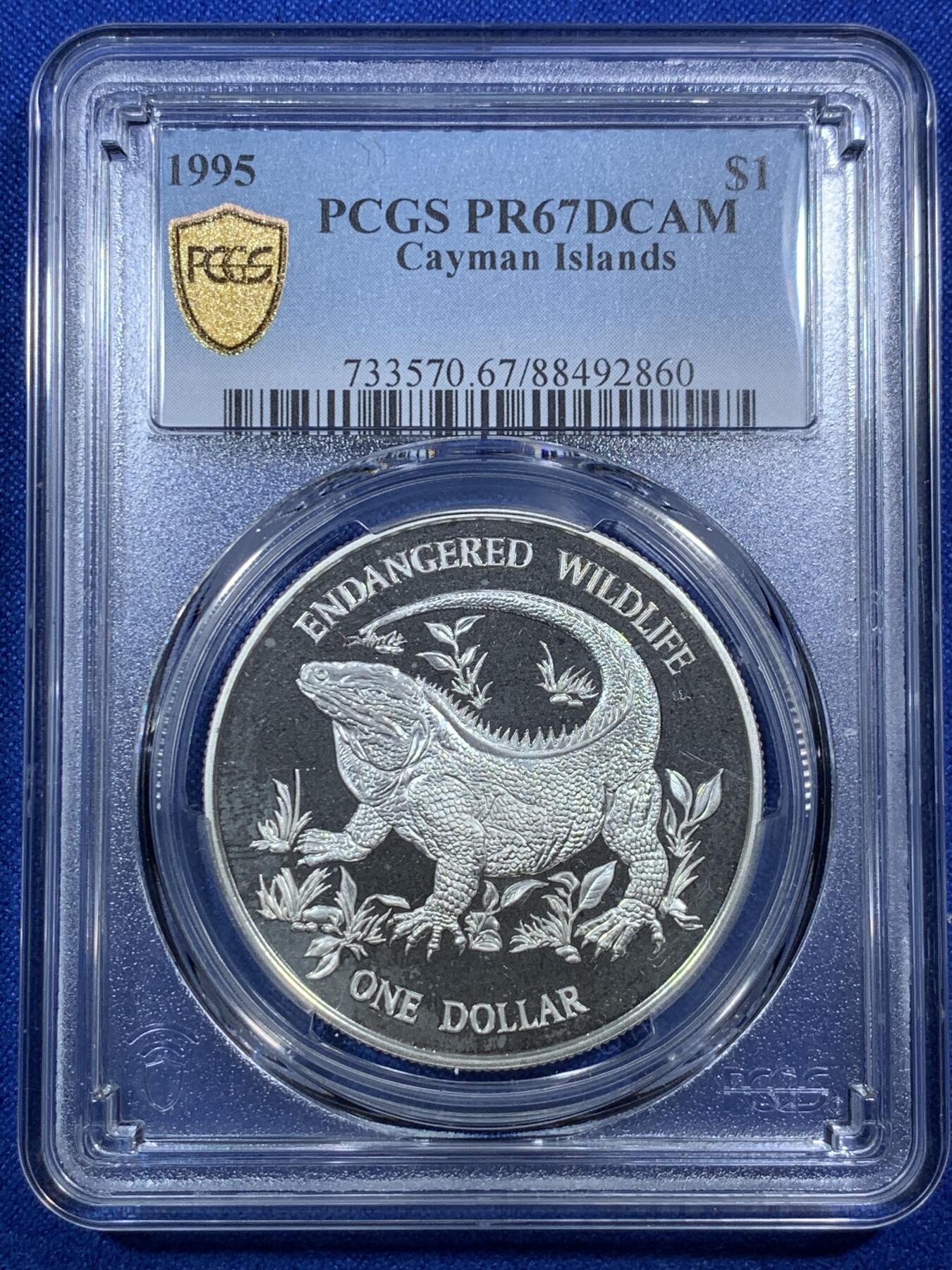 《竞宝斋》第289场- 周日，周一，周二 3场连拍 （全场包邮） 冠军分 PCGS PR67DCAM 开曼1995年世界濒危野生动物美洲大蜥蜴1元精制大银币