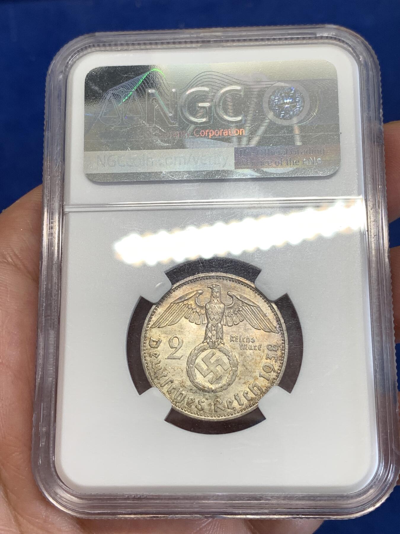 《竞宝斋》第289场- 周日，周一，周二 3场连拍 （全场包邮） NGC MS62 德三1938年E厂2马克银币 少见厂别