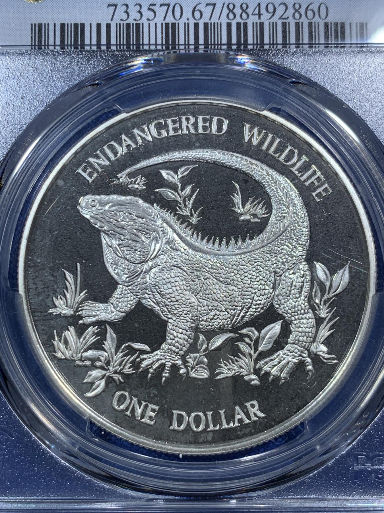 《竞宝斋》第289场- 周日，周一，周二 3场连拍 （全场包邮） 冠军分 PCGS PR67DCAM 开曼1995年世界濒危野生动物美洲大蜥蜴1元精制大银币