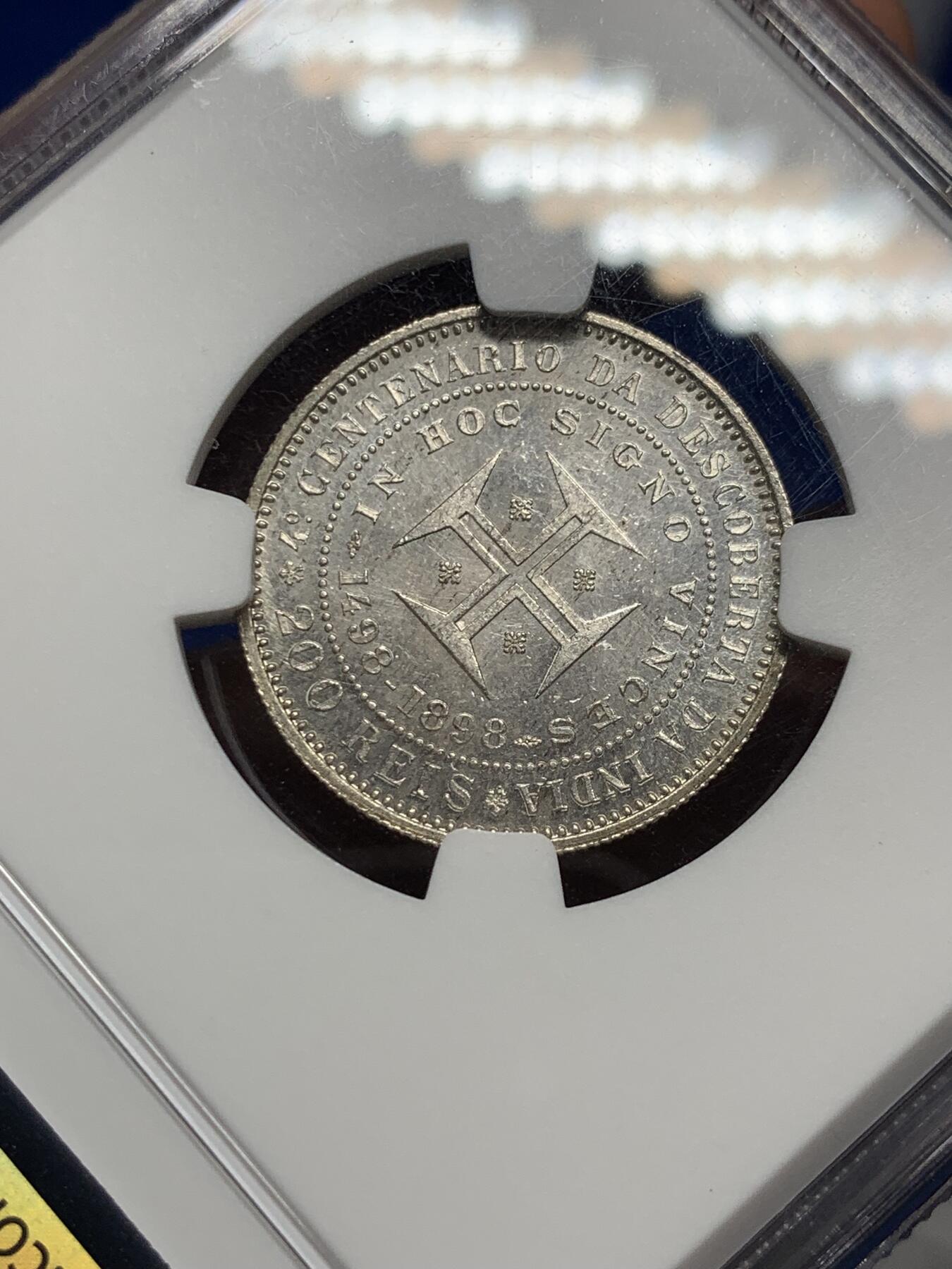 《竞宝斋》第289场- 周日，周一，周二 3场连拍 （全场包邮） NGC MS63 葡萄牙1898年发现印度200R银币