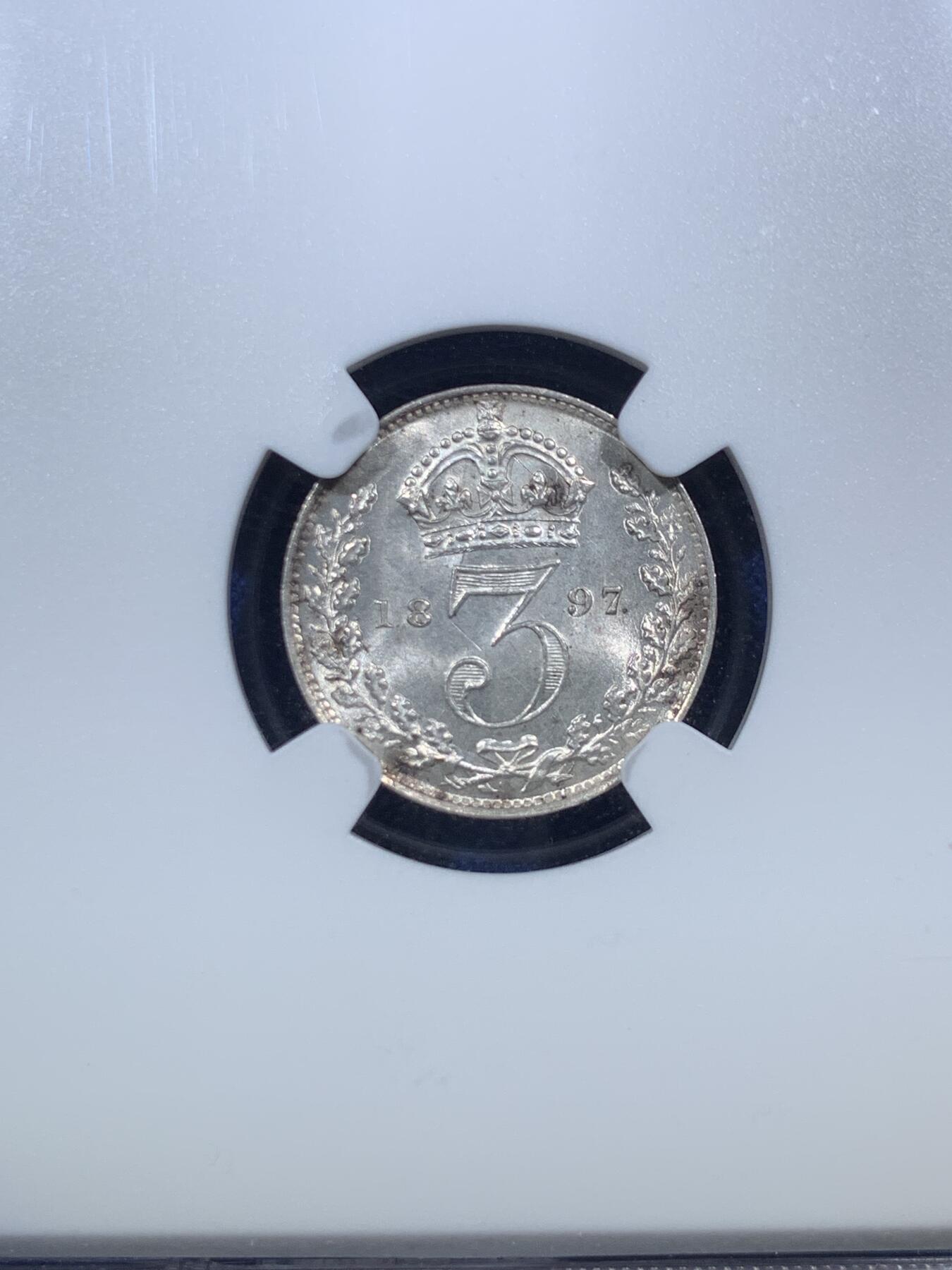 《竞宝斋》第289场- 周日，周一，周二 3场连拍 （全场包邮） NGC MS63 英国1897年维多利亚3便士 带有凝霜感的转光 氧化黑点导致上海N仅给出63分