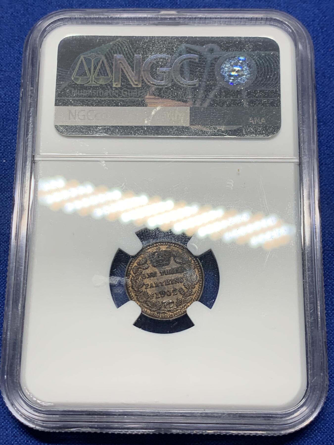 《竞宝斋》第289场- 周日，周一，周二 3场连拍 （全场包邮） NGC MS62BN 英国1902年爱德华七世1/3法新 内圈巧克力包浆配合外圈铜色