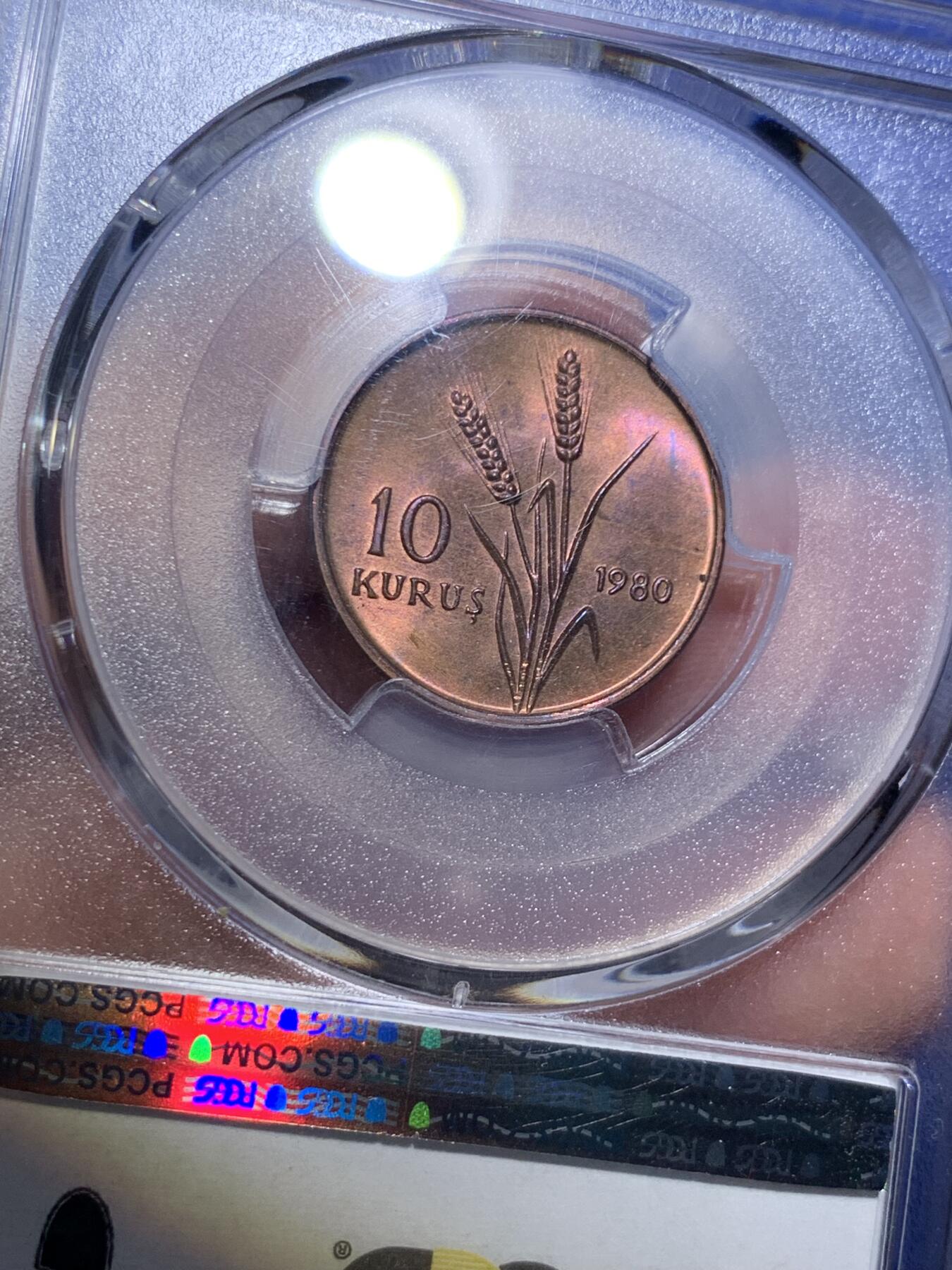 《竞宝斋》第289场- 周日，周一，周二 3场连拍 （全场包邮） PCGS MS64RB 土耳其1980年10库鲁FAO纪念币 安纳托利新娘 紫彩非常漂亮 发行量13000枚 非常少见