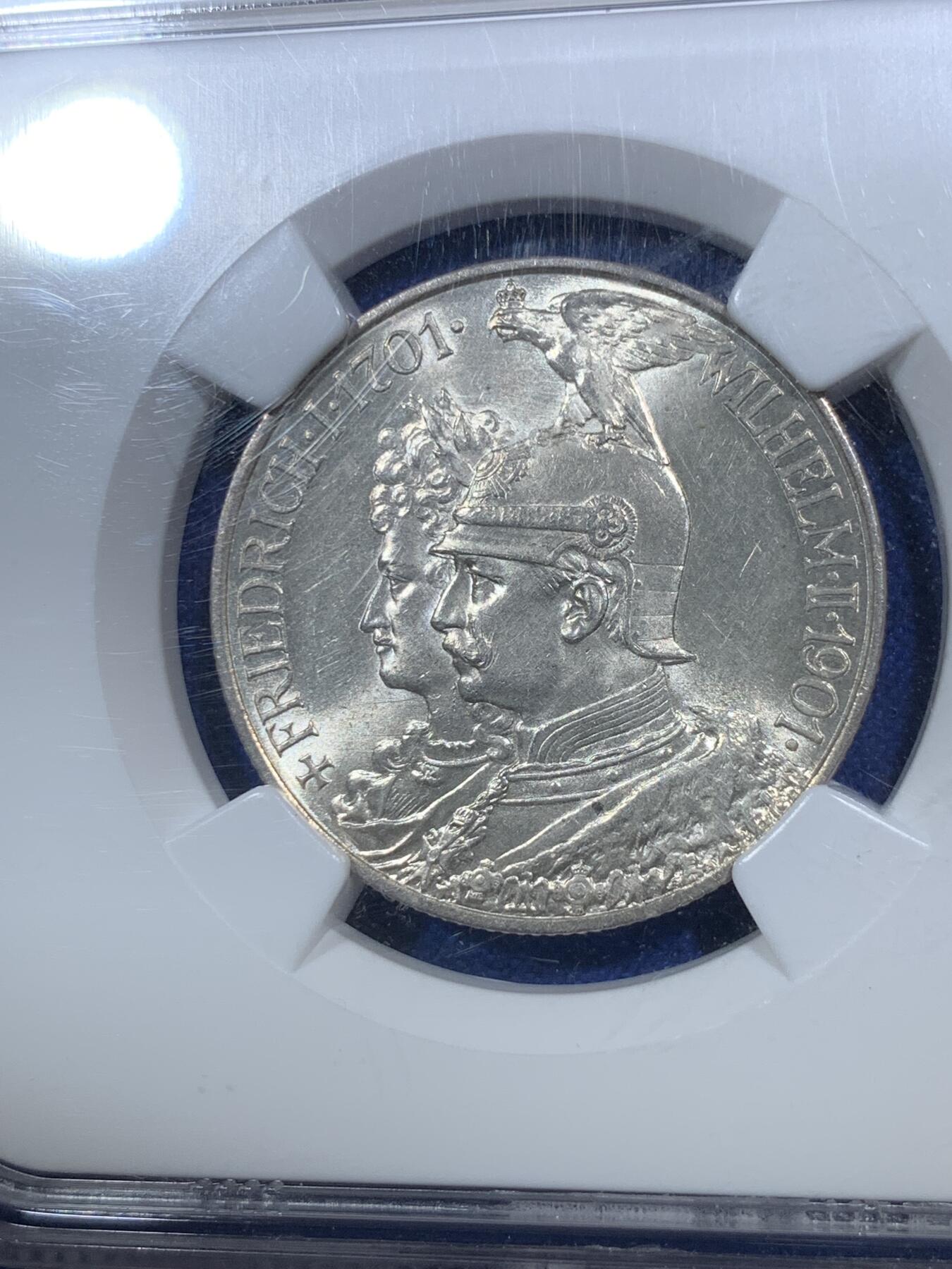 《竞宝斋》第289场- 周日，周一，周二 3场连拍 （全场包邮） NGC MS63 德国1901普鲁士建国200周年2马克银币