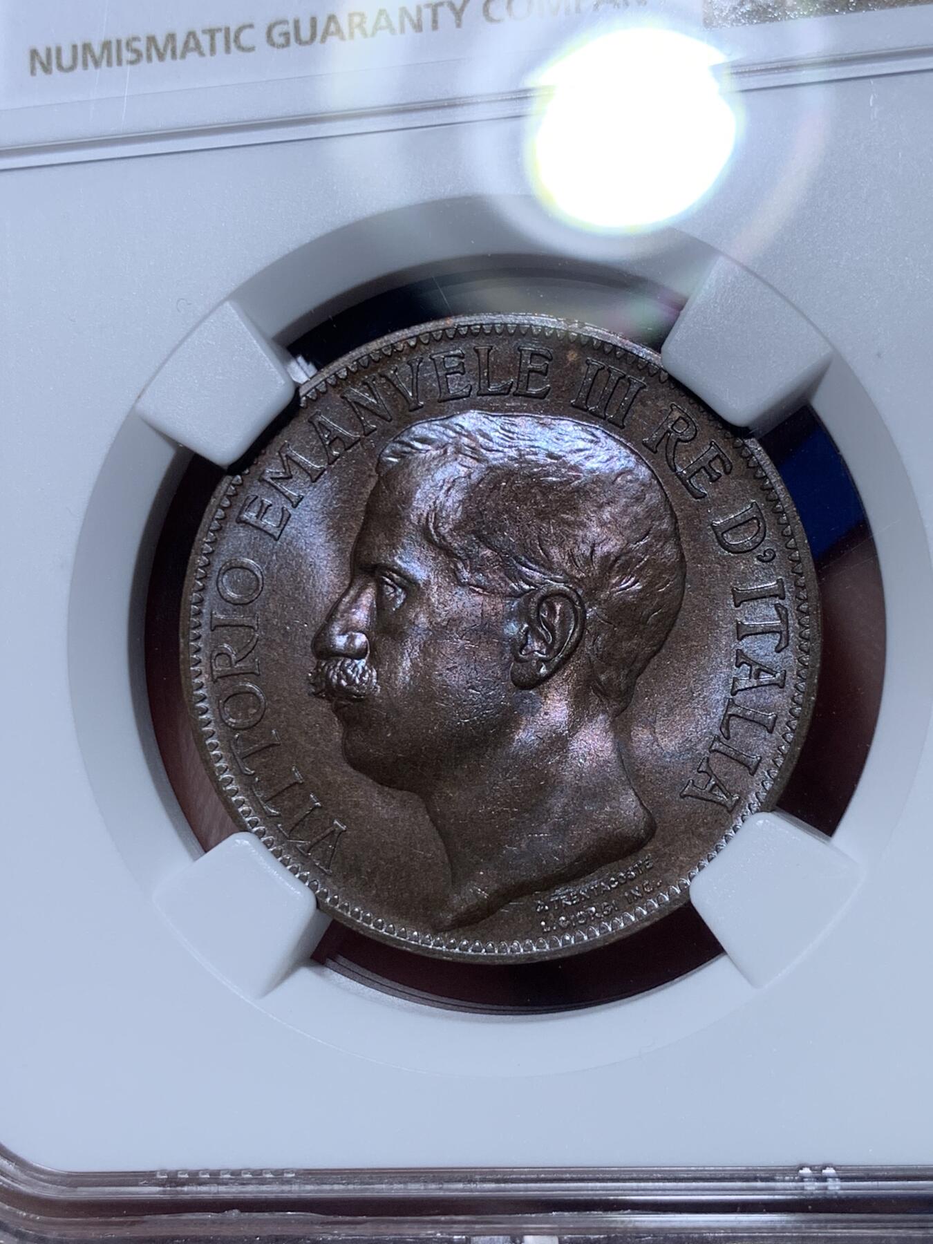 《竞宝斋》第289场- 周日，周一，周二 3场连拍 （全场包邮） NGC MS65BN 亚军分 意大利 1911 建国50周年铜币 高的仅3枚 少见高分托奶 艺术性极佳。