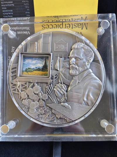 【海寕潮】拍卖第120期 - 【海寧潮】乍得2023年梵高作品集双金属旋转5盎司高浮雕银币，999银+铜，发行量199枚原价5999