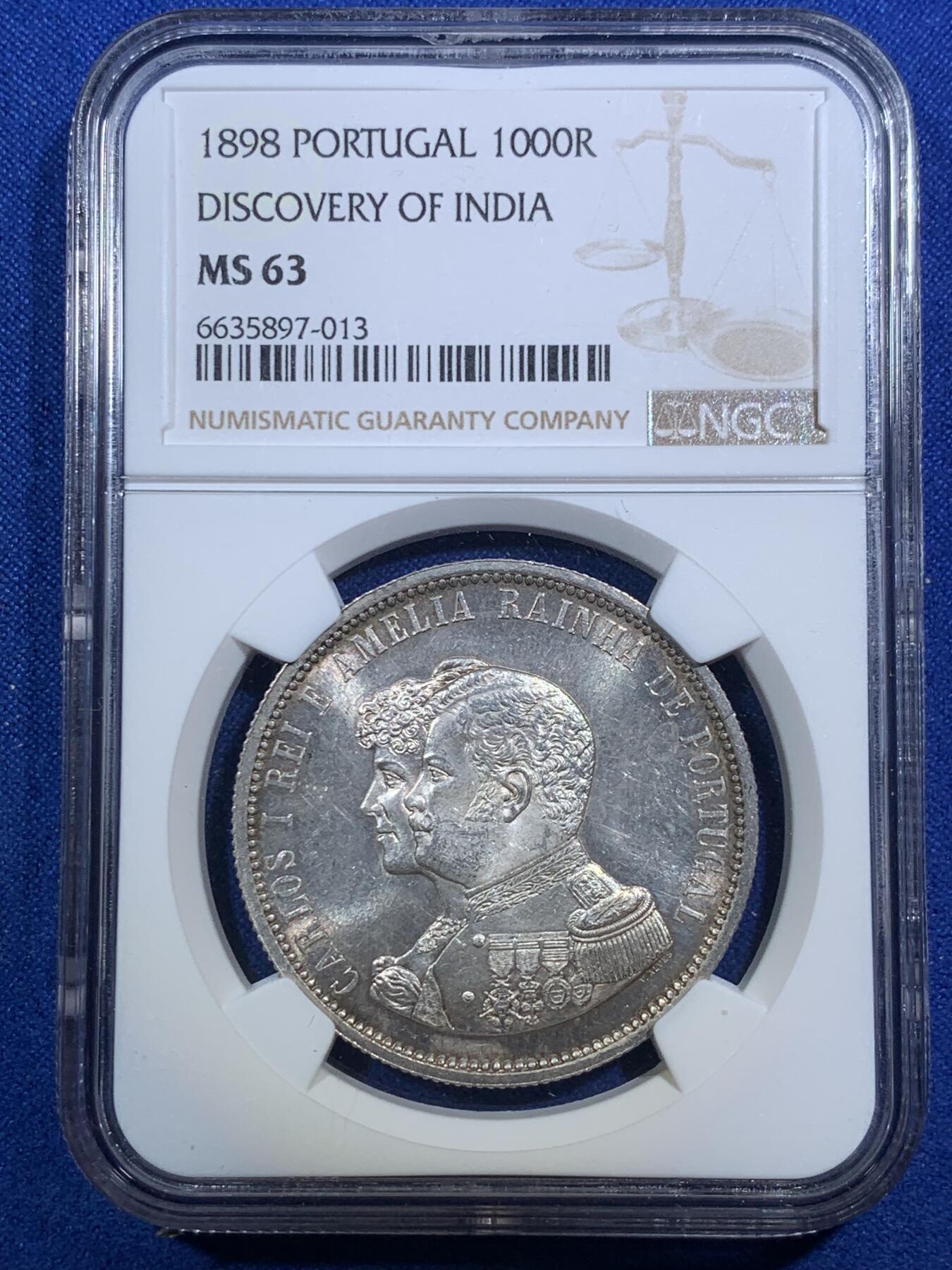《竞宝斋》第289场- 周日，周一，周二 3场连拍 （全场包邮） NGC MS63 葡萄牙1898年发现印度1000R银币