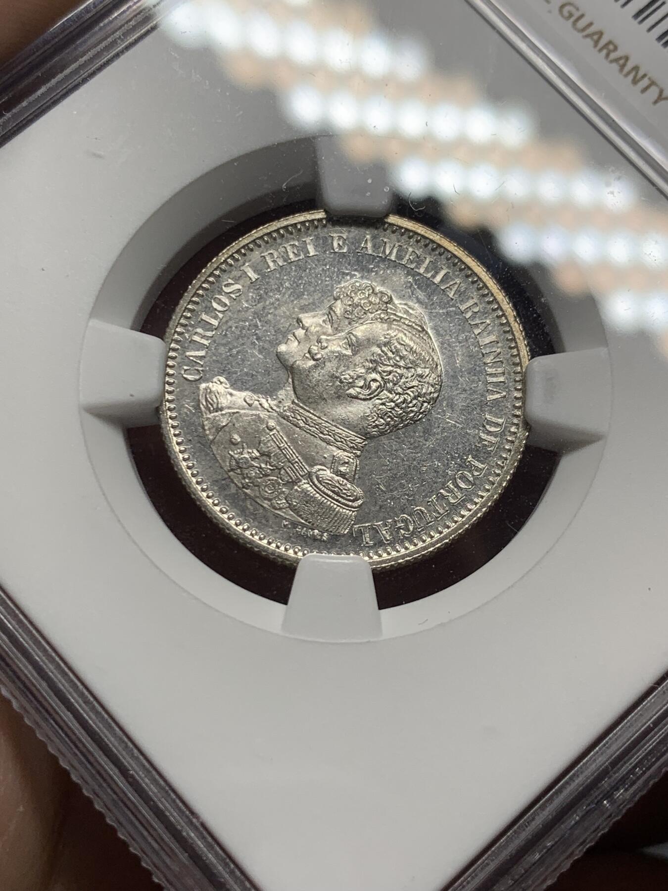 《竞宝斋》第289场- 周日，周一，周二 3场连拍 （全场包邮） NGC MS63 葡萄牙1898年发现印度200R银币